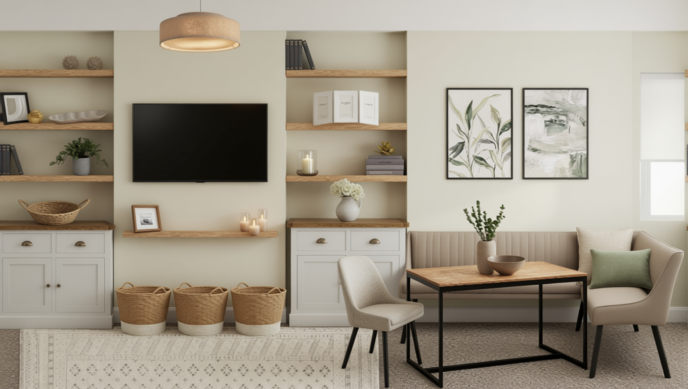 Living room with beige wall, wall-mounted TV, wooden shelves with decor, framed artwork, a sofa with pillows, a wooden table with vases, chairs, candles, baskets, and a window with blinds.