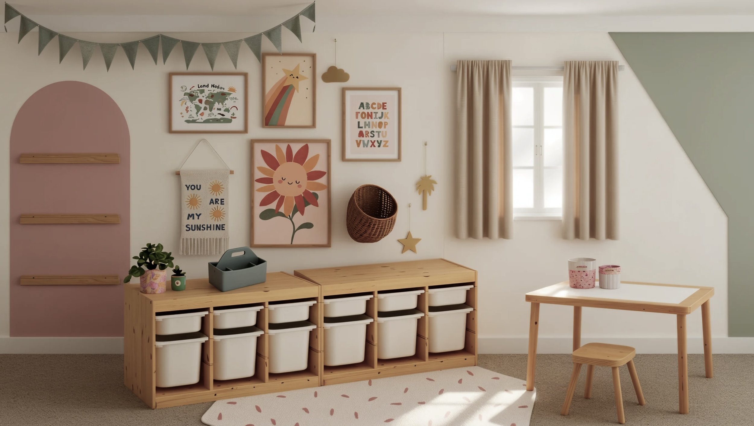 Decorative children's room with framed art, bunting, hanging cloud, and star, along with storage bins, small plants, and table with cups, featuring soft beige curtains and a pastel-colored wall with an angled design.