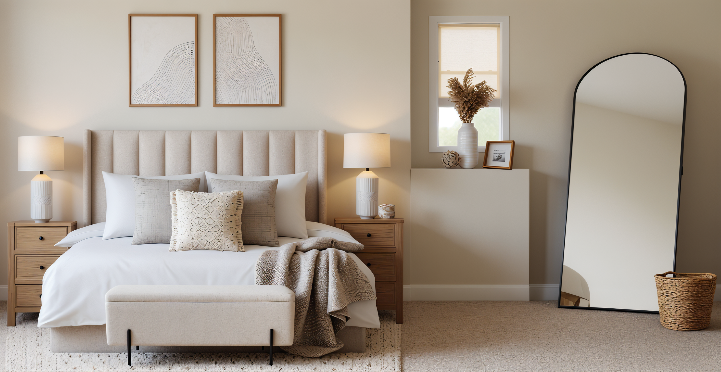 A bedroom with a beige upholstered bed, layered pillows, and a woven throw blanket. Two wooden nightstands with white lamps flank the bed. Above the headboard are two framed abstract line art prints. To the right, a narrow window with a vase of dried