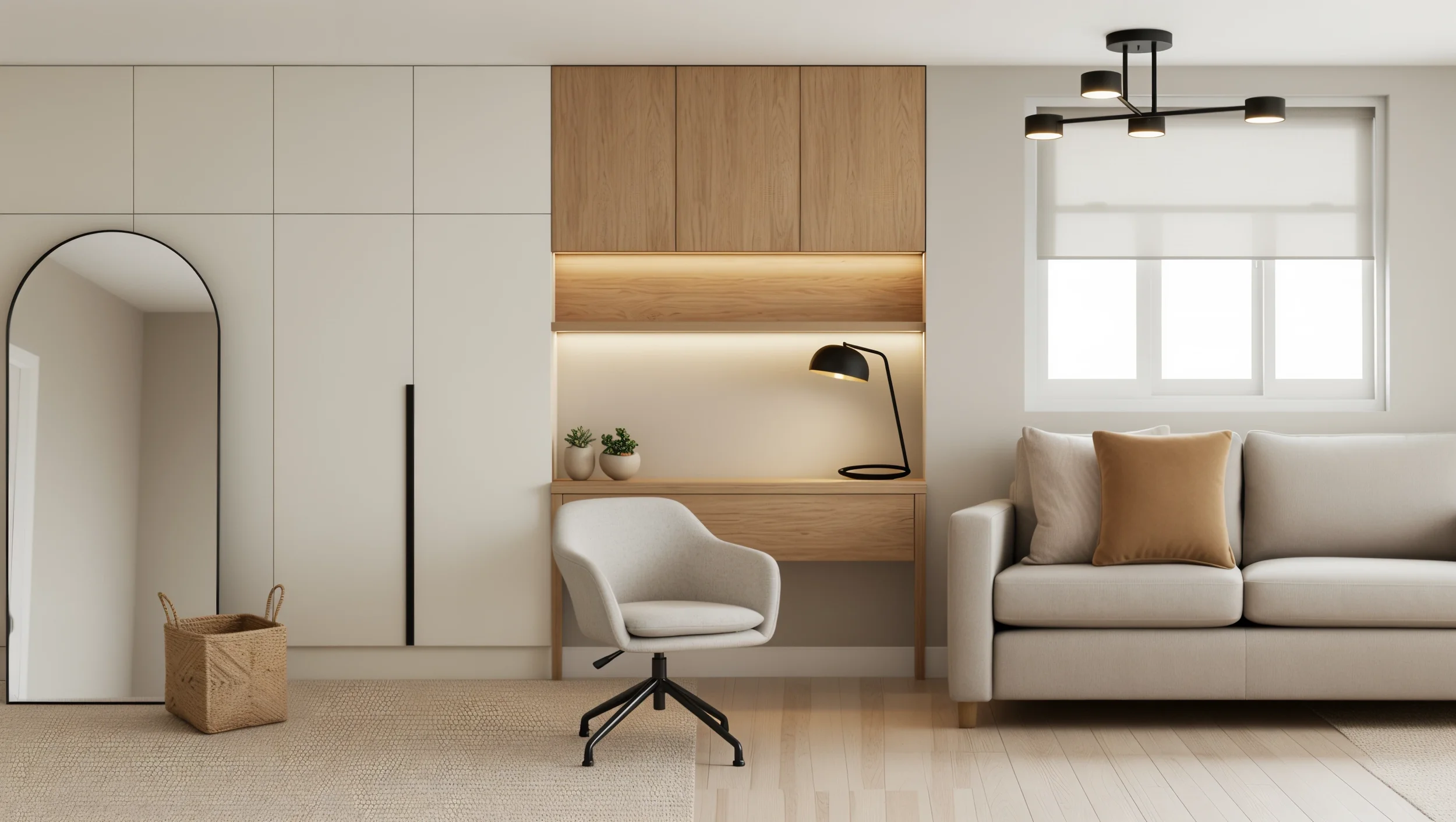 A modern living room with white and wood cabinets, a beige couch with pillows, a white armchair, a black desk lamp, two small potted plants, and a window with blinds, decorated in neutral tones.