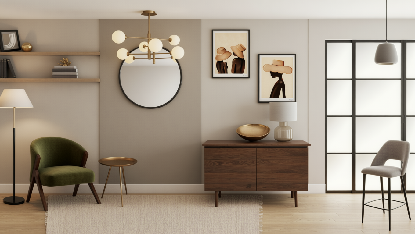 Modern living room with art prints, a mirror, a magazine rack, a green armchair, a small side table, and a wooden credenza with a lamp and decorative bowl, illuminated by natural light from large grid window and ceiling lighting.