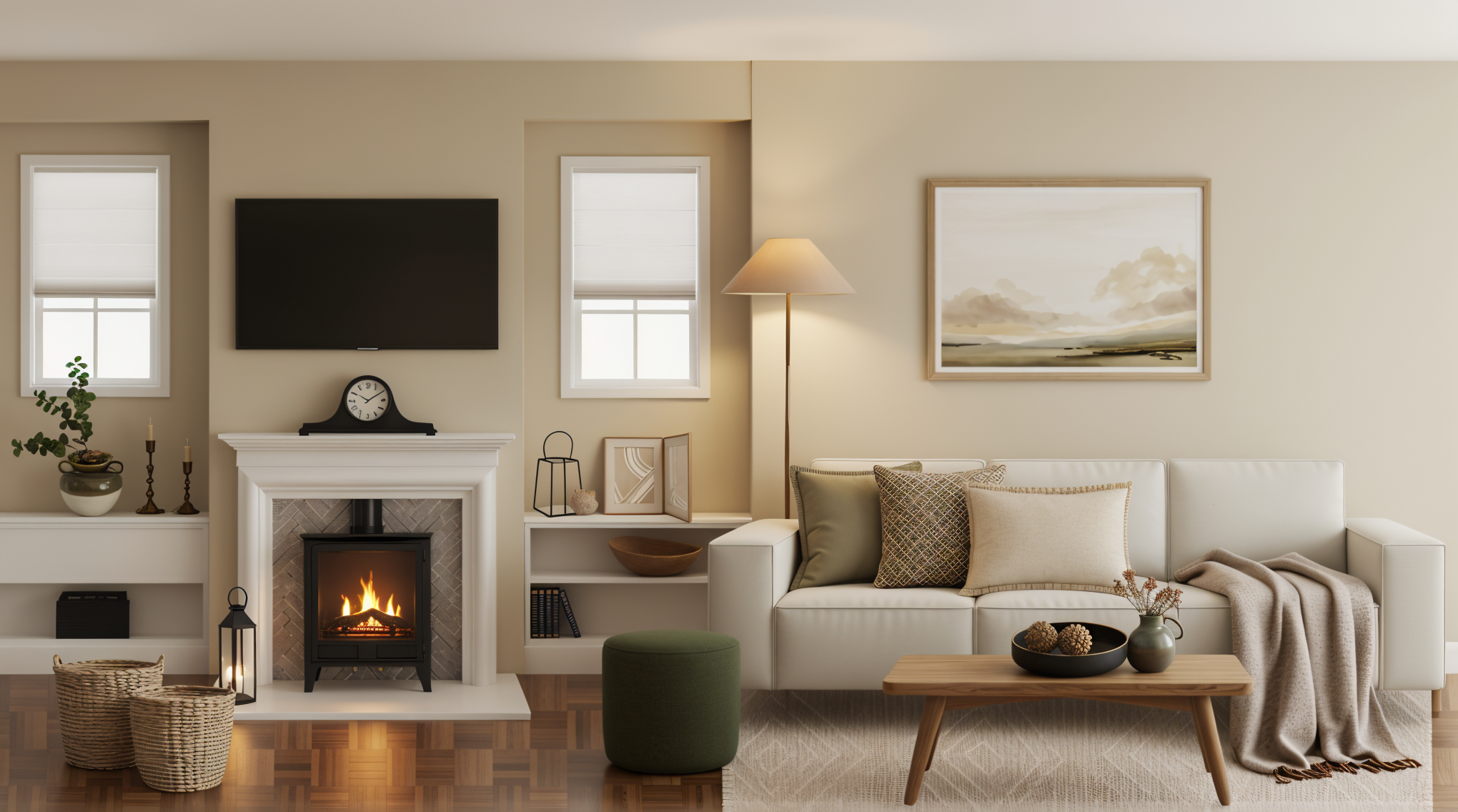 A cozy living room with a fireplace, a wall-mounted TV above it, a white sofa with pillows, a wooden coffee table with decorative items, a floor lamp, and two small windows with blinds.