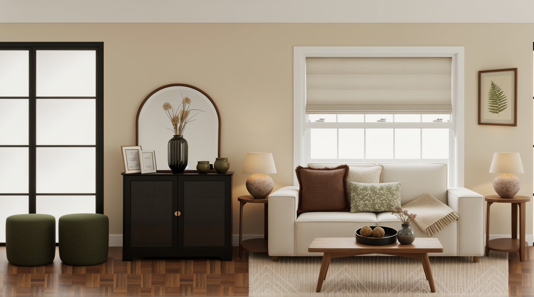 Cozy living room with white sofa, brown and green pillows, wooden coffee table with decorative balls and vases, black cabinet with framed photos and a mirror, green ottomans, lamps, and framed botanical art on a beige wall, hardwood floor, and a wind