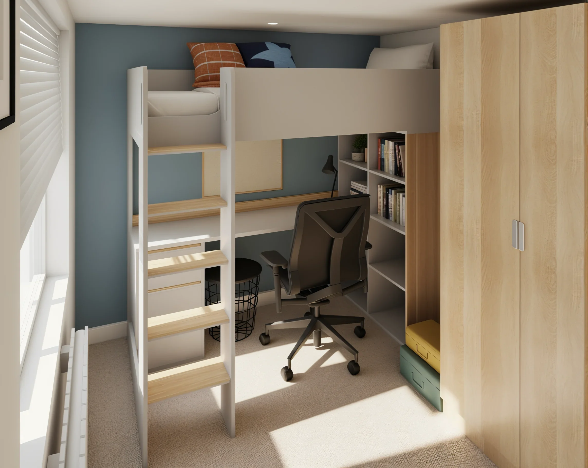 A compact bedroom with a loft bed, a study desk, and shelves with books, featuring a blue wall, wooden furniture, and a window with blinds.