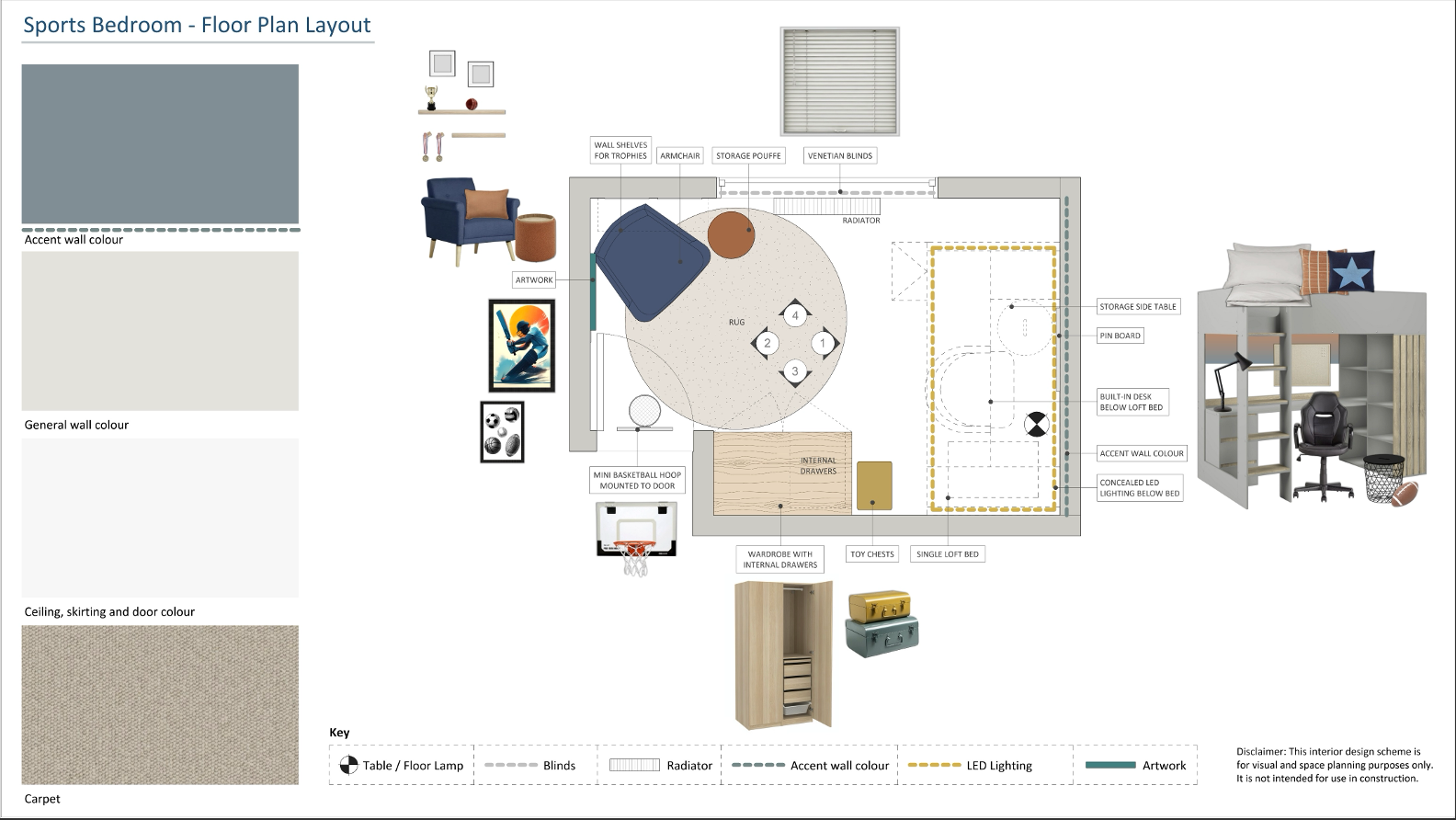 Floor plan layout of a sports-themed bedroom, showing furniture, decor, and storage areas including a rug, basketball hoop, art, and a loft bed setup with a desk underneath.