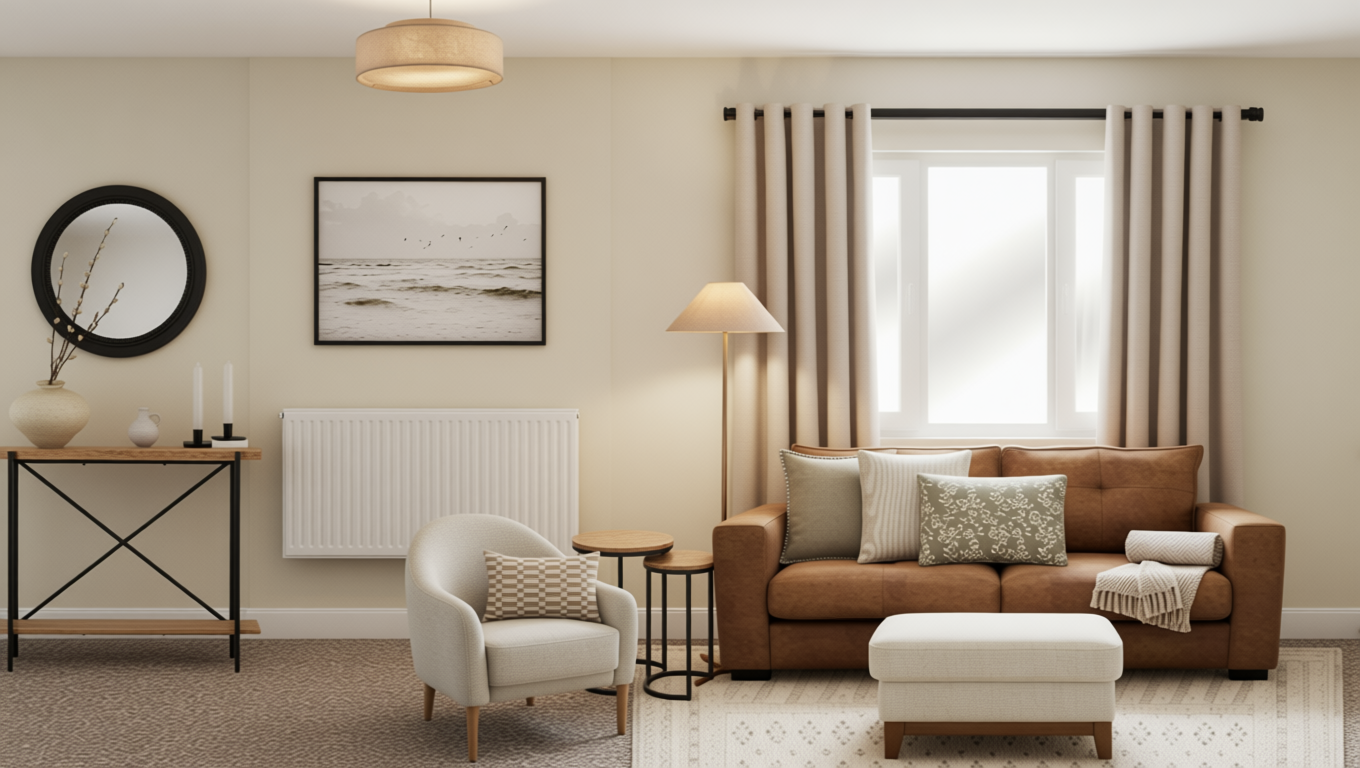 Living room with a brown sofa, cream armchair, window with beige curtains, framed picture of a beach scene, wall-mounted radiator, table with decorative items, and a standing floor lamp.