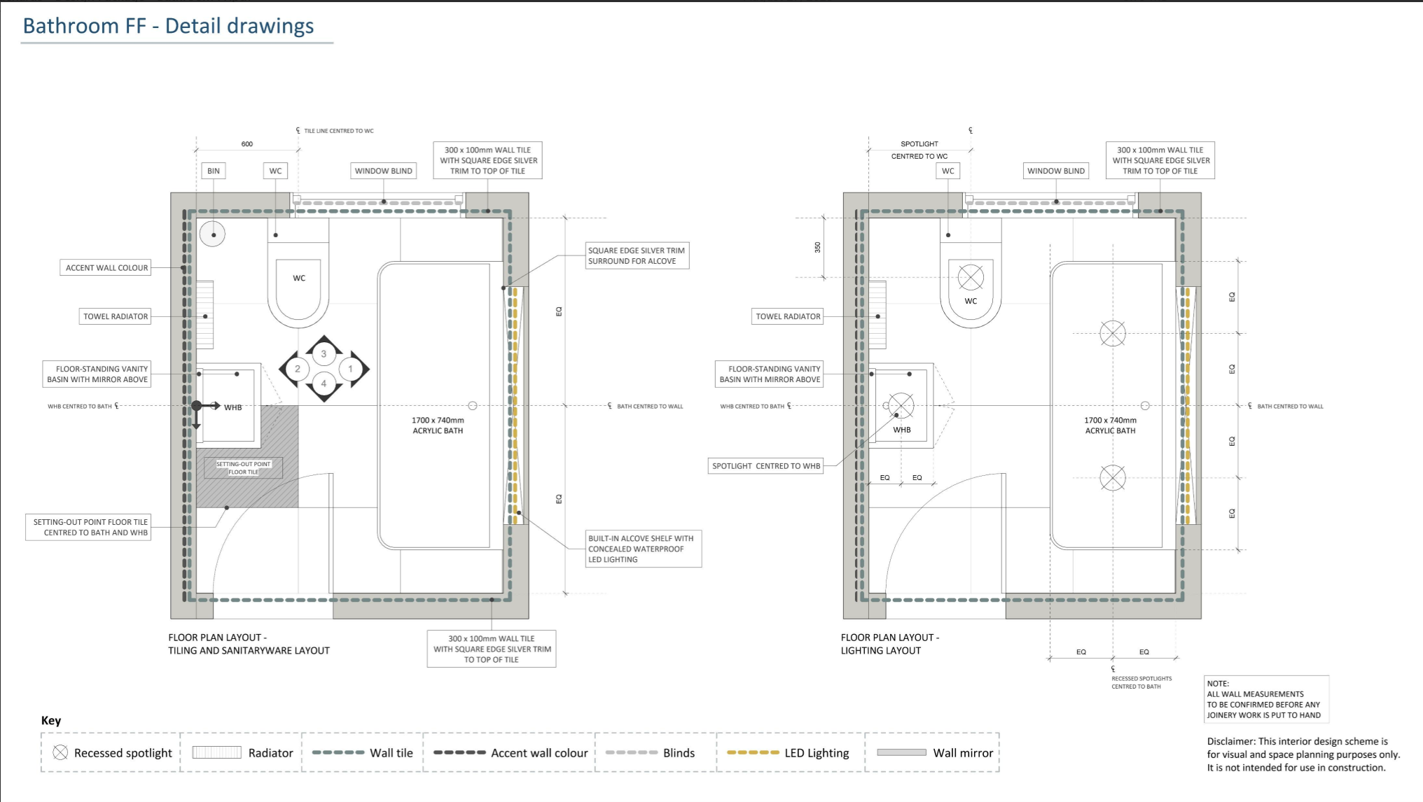 Detailed architectural drawing of a bathroom. Includes layout of tiles, fixtures, lighting, and space planning elements.