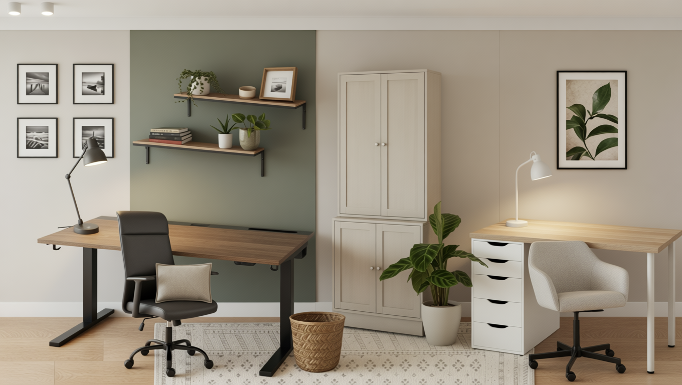 Home office with two desks, black and white chairs, wall art, plants, shelves, and a patterned rug.