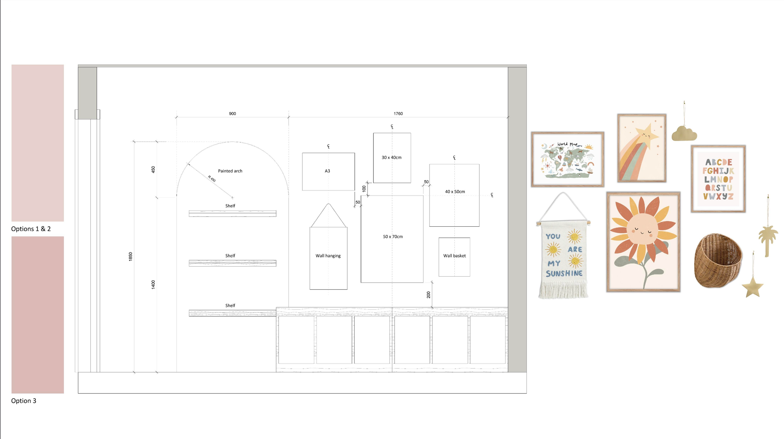 Design plan for a children's room wall decor including wall art, a woven basket, and hanging decorations.