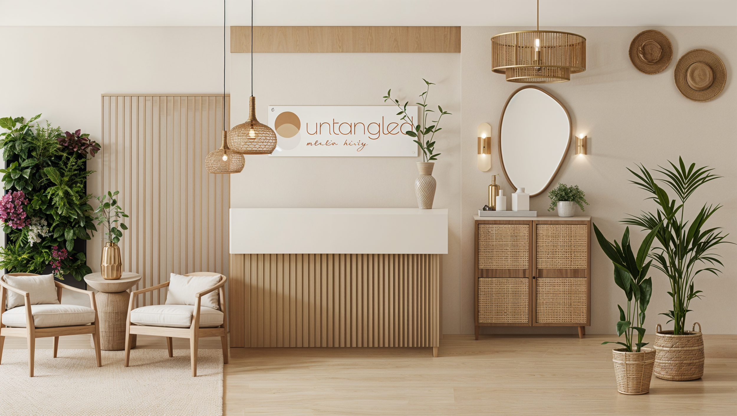 A modern, minimalistic interior with light wood furniture and decor, including chairs, a cabinet, plants, and wall decorations.
