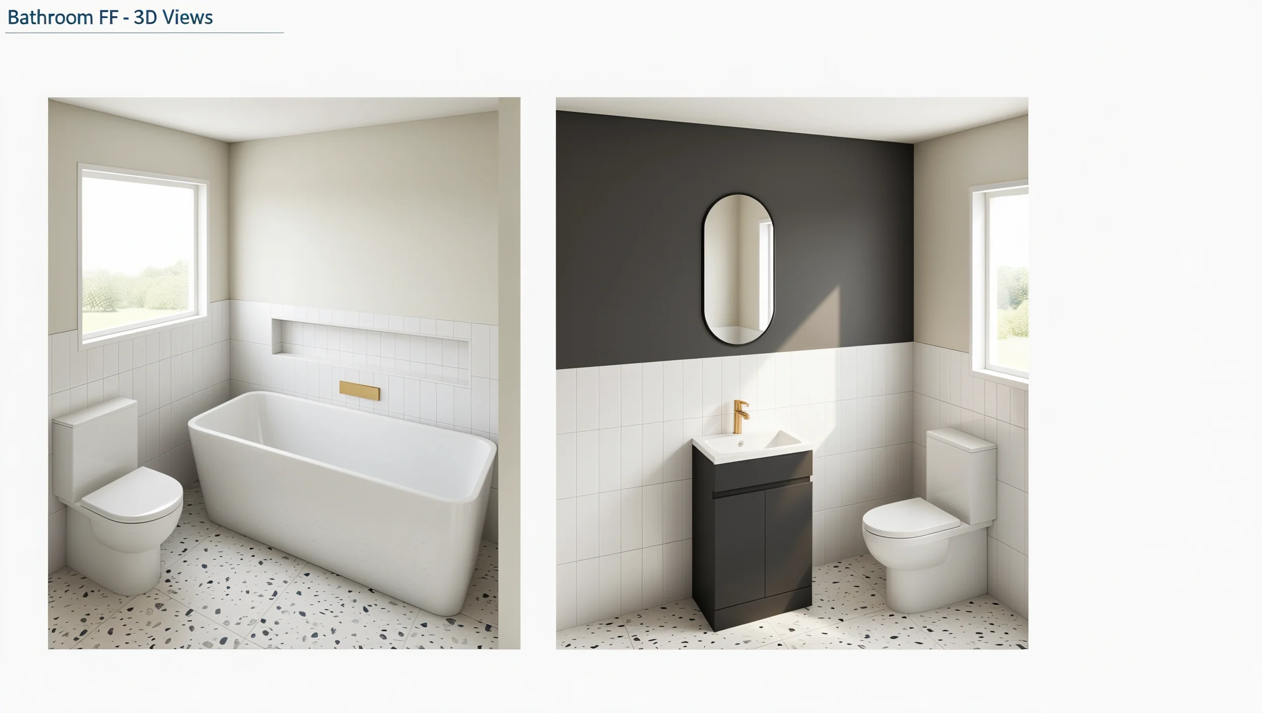 Comparison of two bathroom designs showing different wall colors; one with white walls and the other with dark gray walls, each with a mirror, toilet, bathtub, and window.
