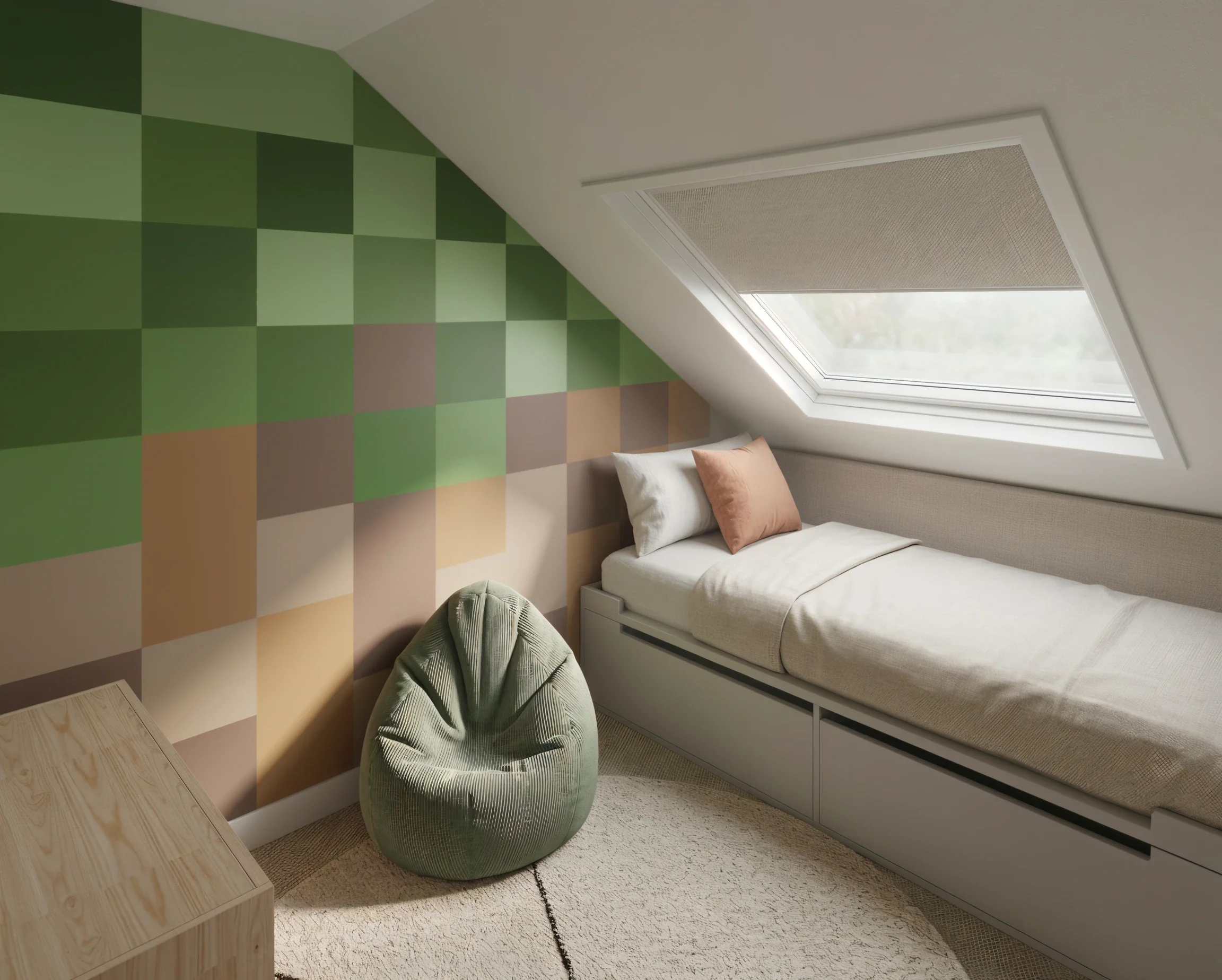 A cozy attic bedroom with a sloped ceiling, a large skylight window with a beige window shade, a white bed with pillows, a green round chair, a light wood side table, and a multicolored checkered accent wall. Carpeted floor and neutral-colored walls.