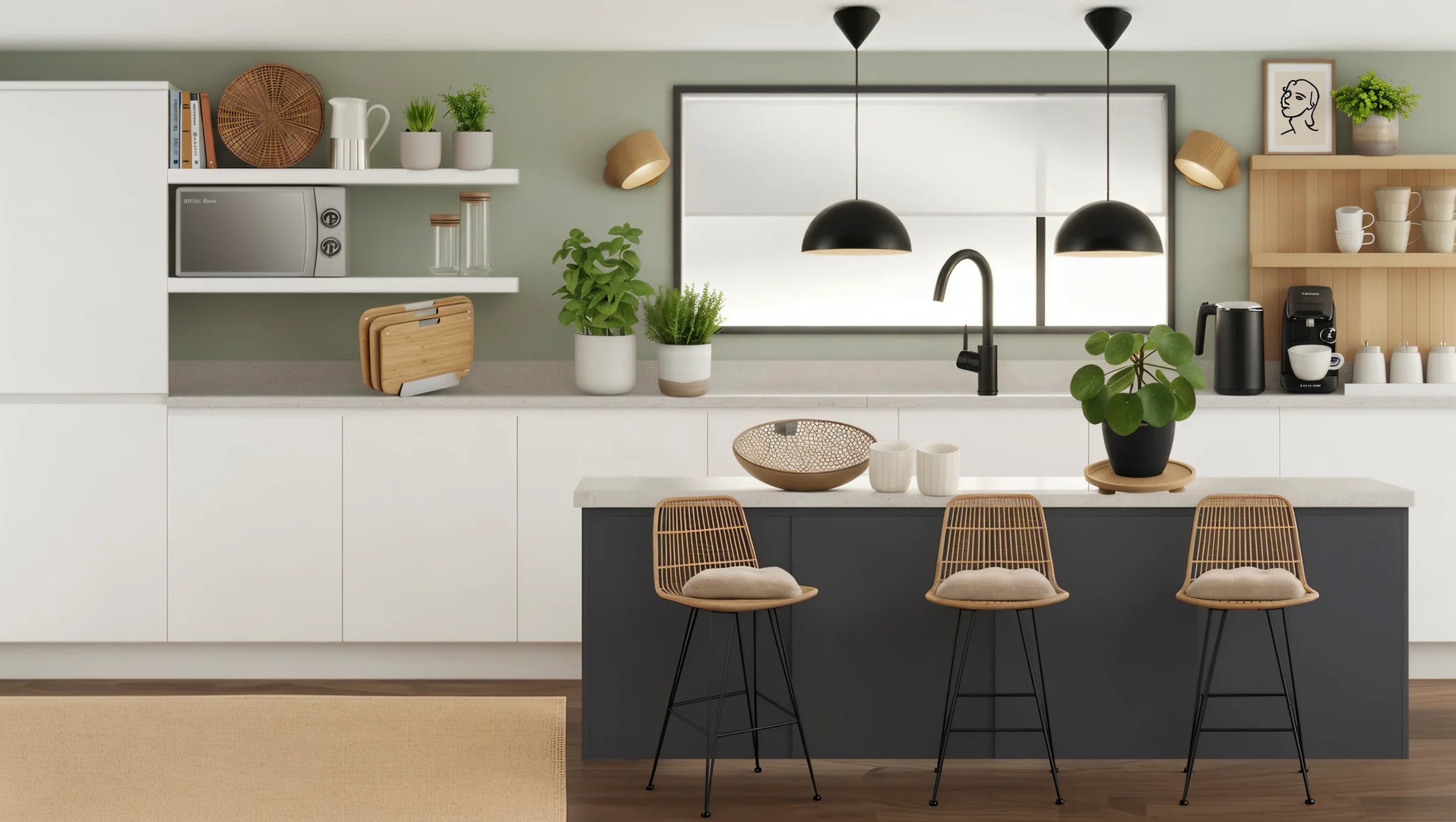 Modern kitchen with white upper and dark lower cabinets, a white countertop, and a breakfast bar with three wicker chairs. Decor includes potted plants, framed artwork, kitchen appliances, and hanging pendant lights.