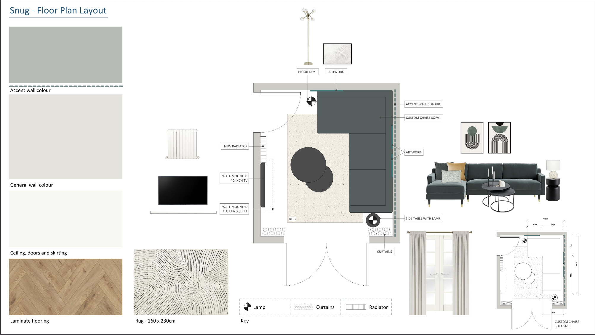Floor plan layout of a living room with labeled furniture and design elements, including a custom chaise sofa, side table with lamp, artwork, rug, radiator, TV, radiator shelf, floor lamp, curtains, and a window, with color samples on the left side.