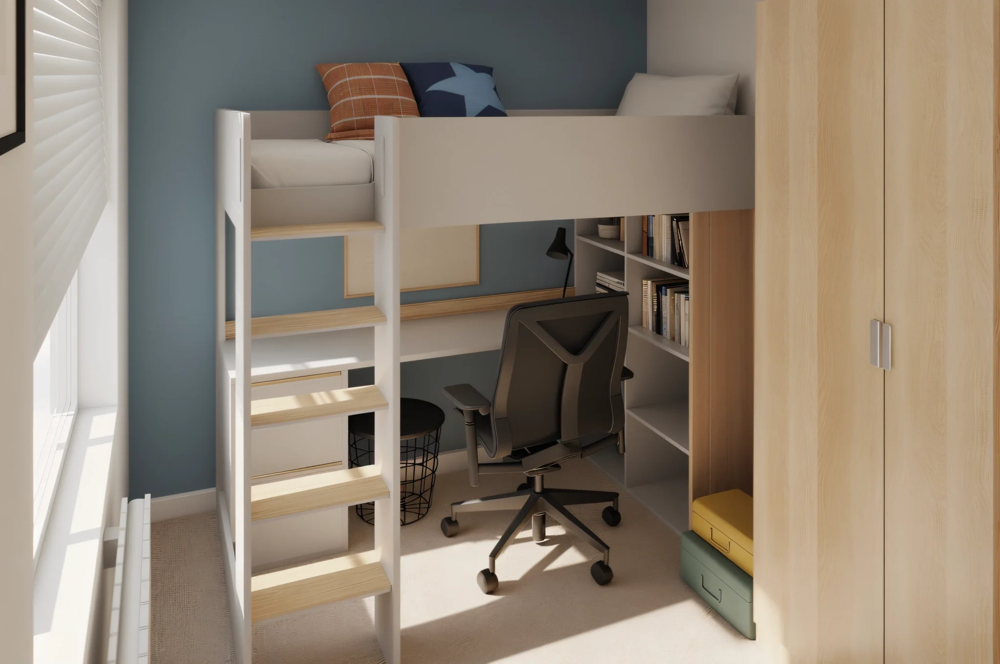 A modern bedroom workspace with a bunk bed, desk, chair, bookshelf, and storage cabinets.