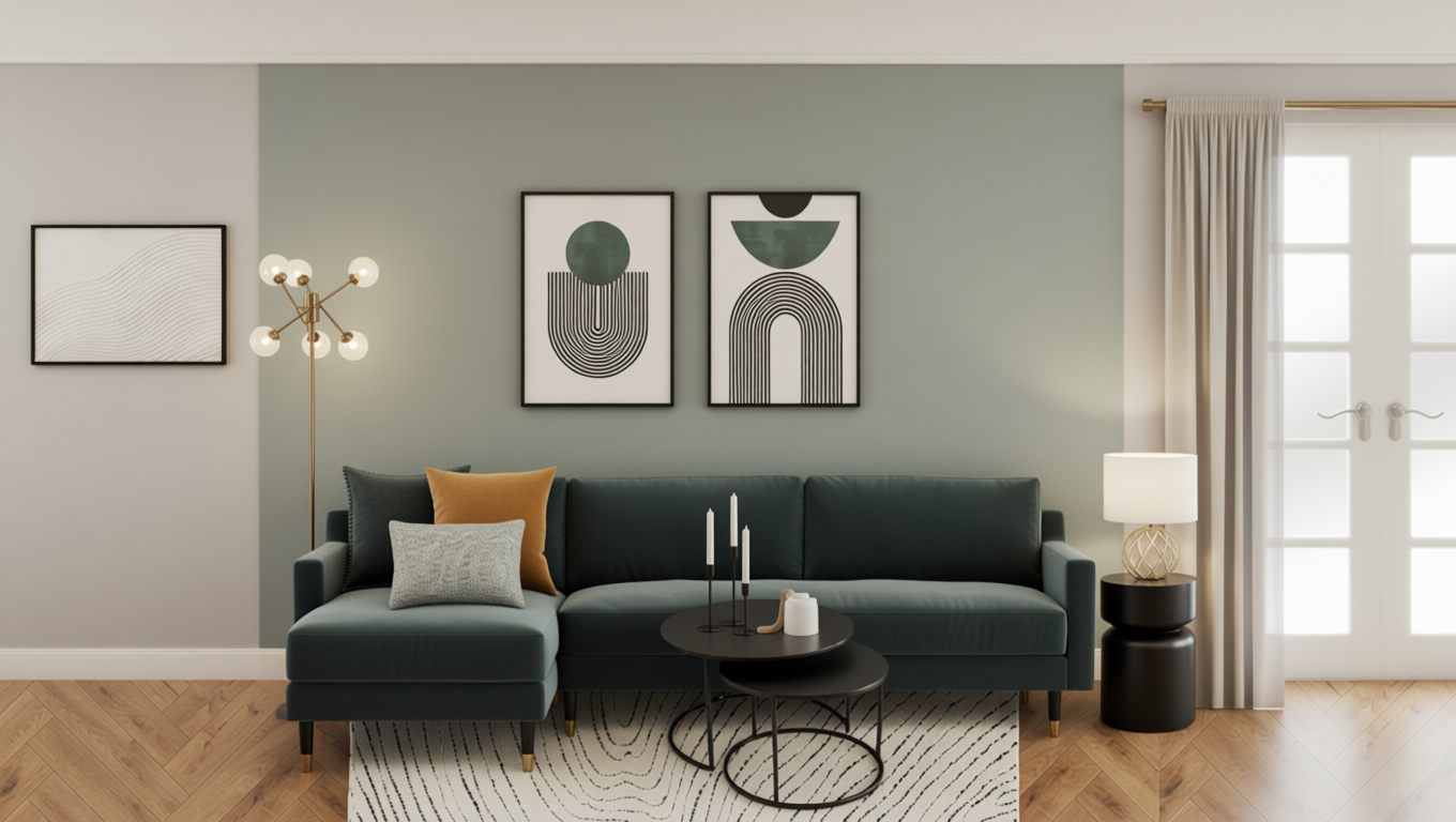 Living room with a green sectional sofa, three decorative pillows, two black nesting coffee tables with candles, and modern wall art. There is a standing lamp beside the sofa and a table lamp on a side table near the door with glass panes, curtains, 