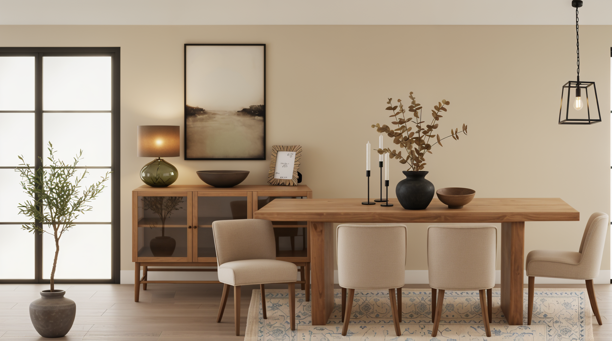 A minimalist dining room with a wooden table, six beige upholstered chairs, and a wooden sideboard with decorative bowls and a framed photograph. There is a large window with frosted glass, a tall potted plant, a wall art piece, and a hanging pendant