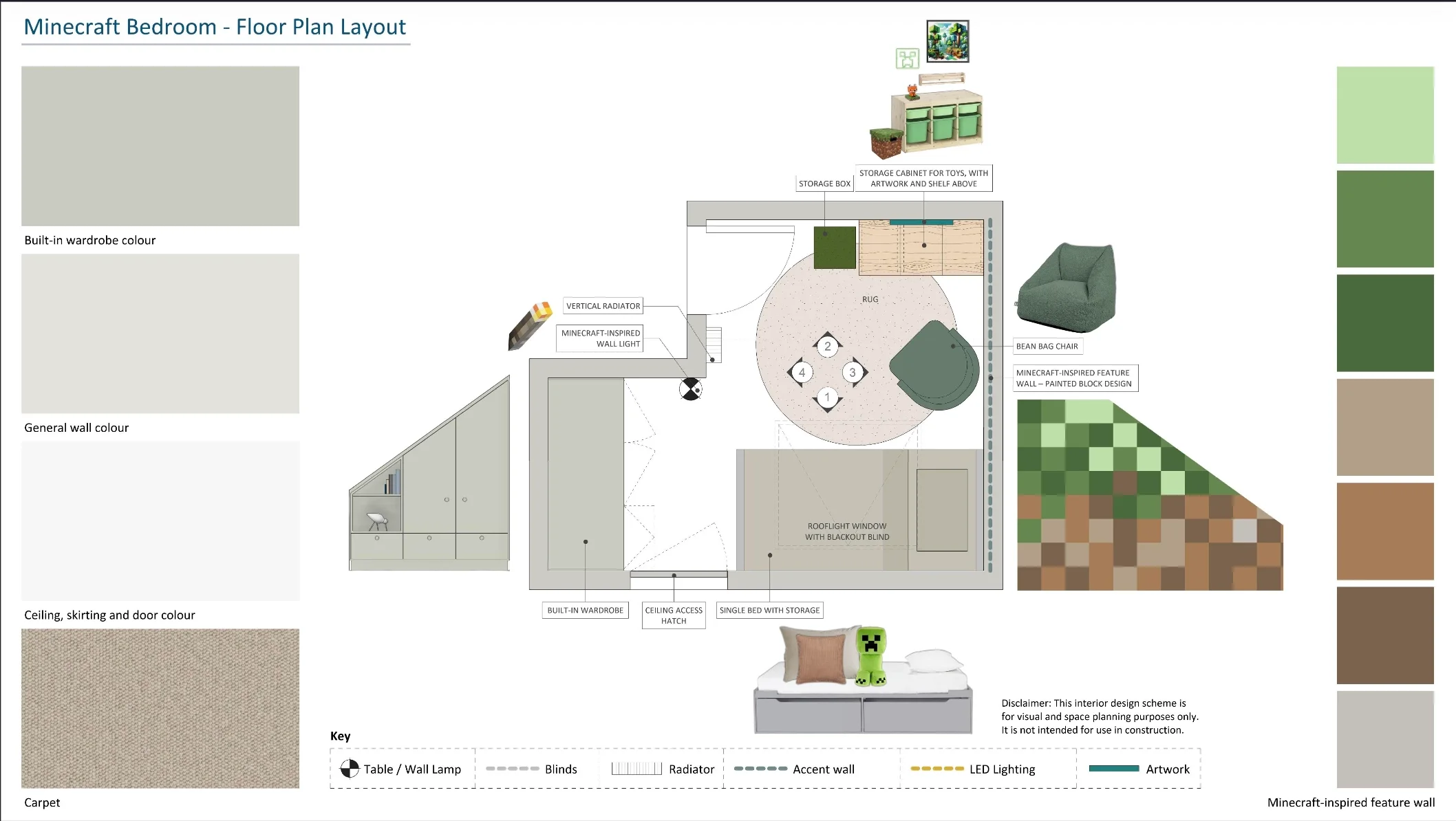 Floor plan layout for a Minecraft-themed bedroom with furniture, decor, and color schemes shown in various sections of the design scheme.