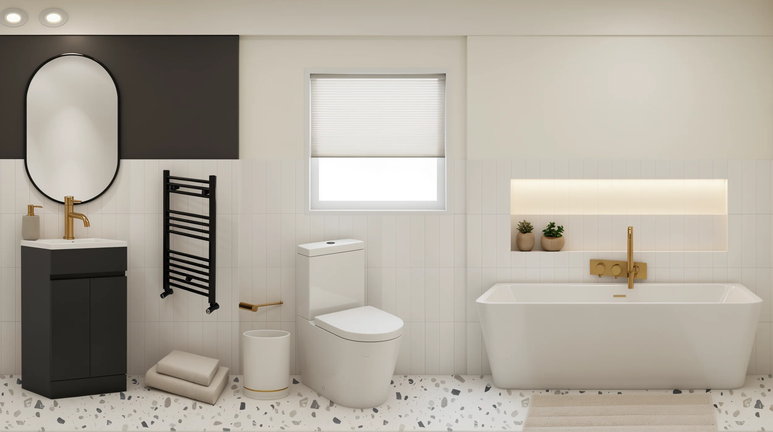 Modern bathroom with black and white color scheme, gold fixtures, a bathtub, toilet, vanity with mirror, and potted plants.