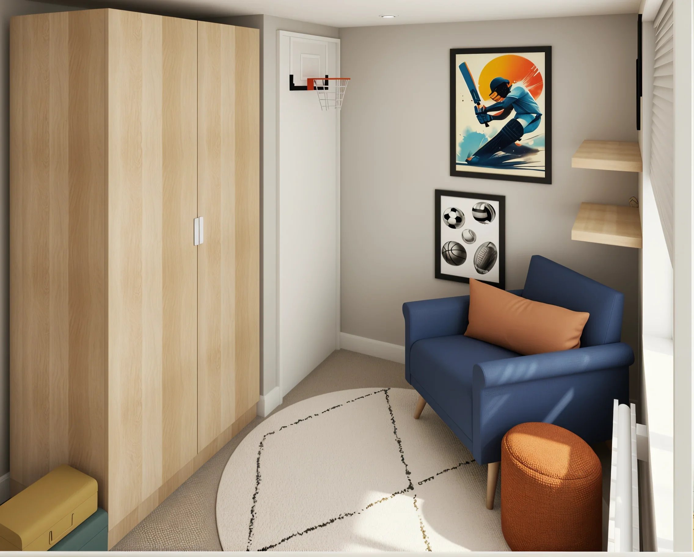 A cozy corner with a wooden wardrobe, a chair with a brown cushion, framed sports-themed artwork, a small round orange stool, and a white carpet with black lines.
