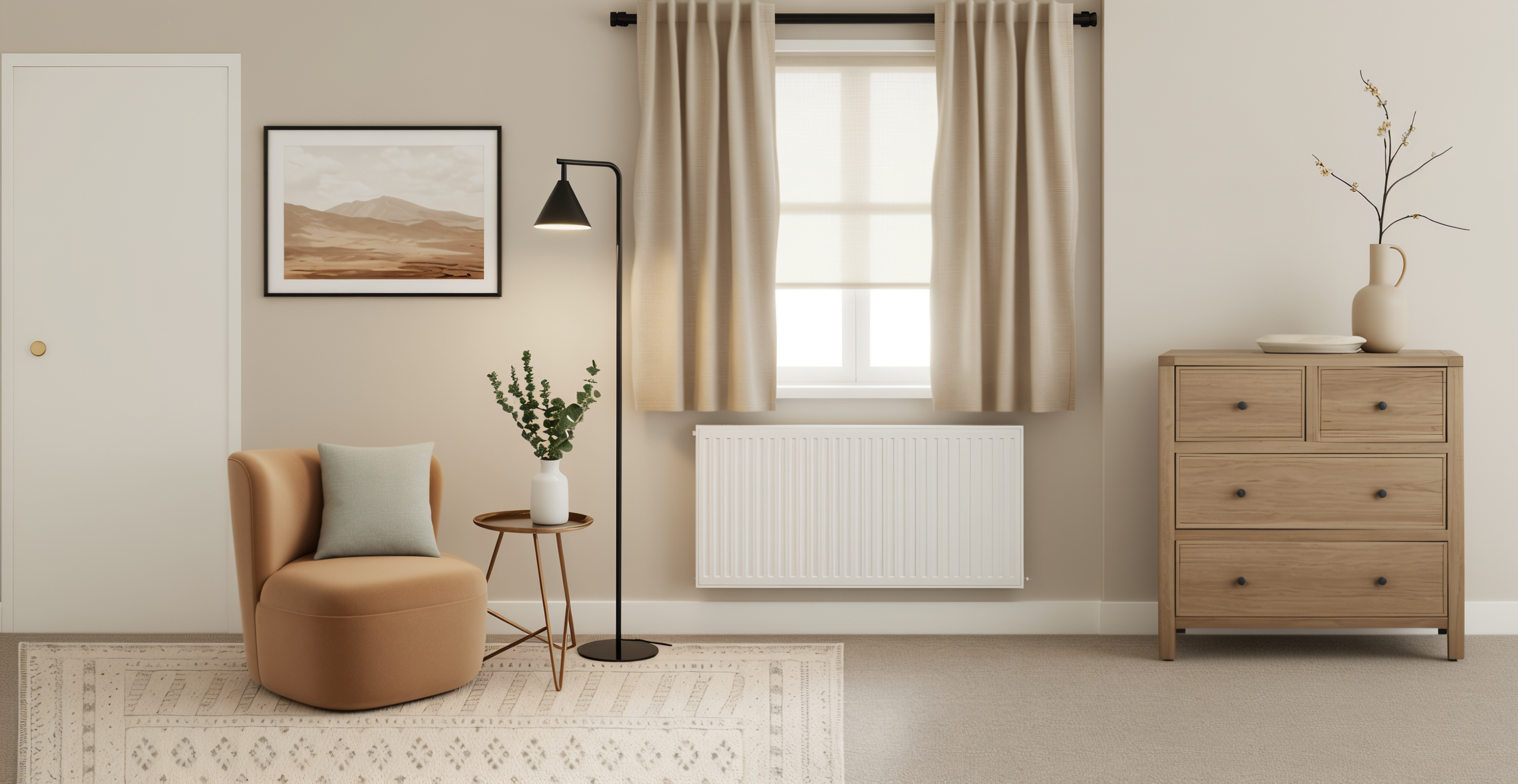A cozy living room corner with a beige armchair, a small round side table with a vase of greenery, a white wall with a framed landscape photo, a black floor lamp, a window with cream curtains, a radiator below the window, and a light wood dresser wit