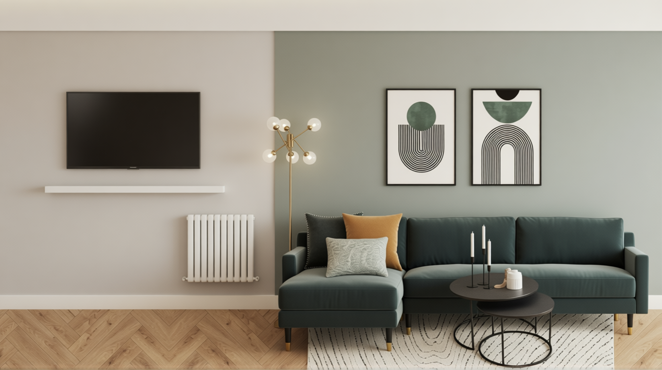 Modern living room with a green sectional sofa, decorative pillows, black round coffee tables, abstract wall art, a tall gold floor lamp, a mounted flat-screen TV, and a white radiator against a two-tone wall with a gray and green color scheme.
