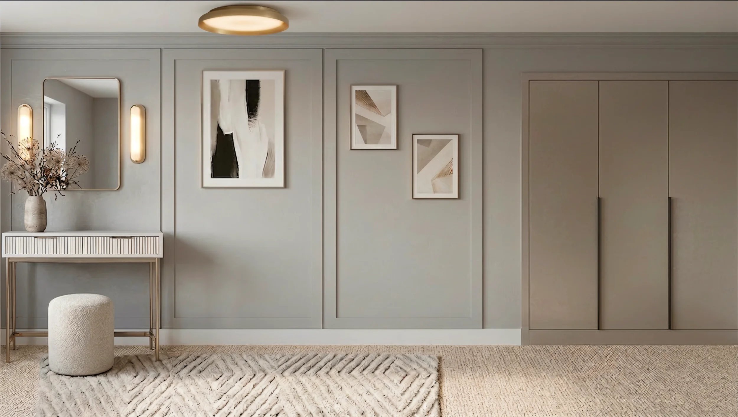 A modern interior wall with framed abstract art, a mirror with lighting, a console table with a vase of dried flowers, a stool, and a textured rug.