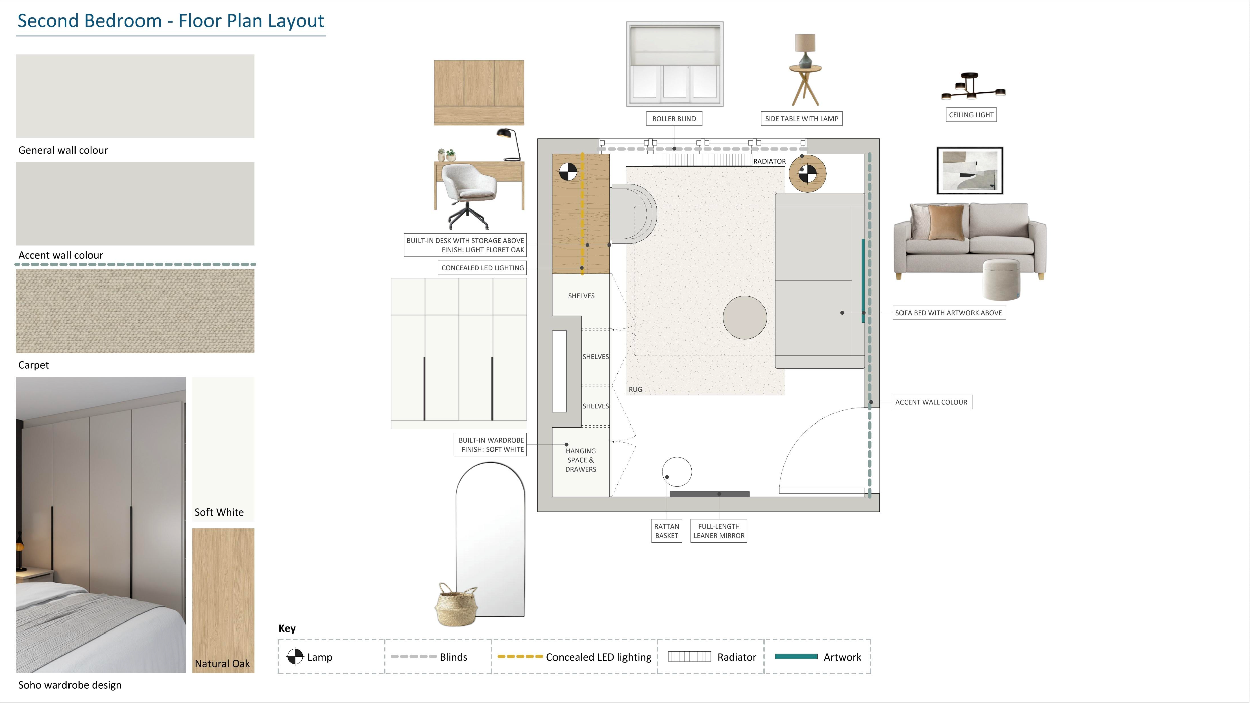 Floor plan layout of the second bedroom featuring furniture and decor details, including a built-in desk, shelves, wardrobe, sofa bed with artwork, radiator, window with roller blind, side table with lamp, ceiling light, and a beige rug. The plan als