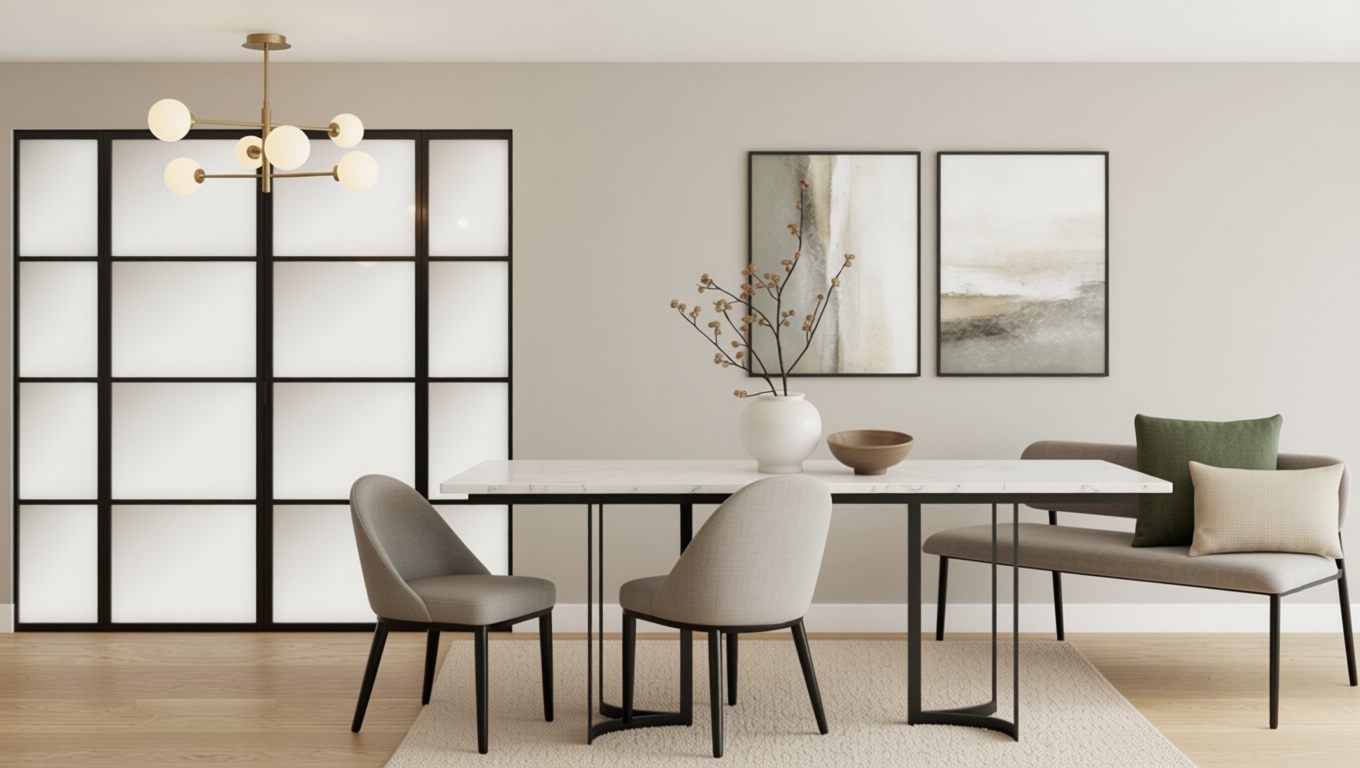 Modern dining room with a white marble table, beige and green chairs, a black framed shoji screen, abstract wall art, a chandelier with globe lights, and decorative vases and bowls.