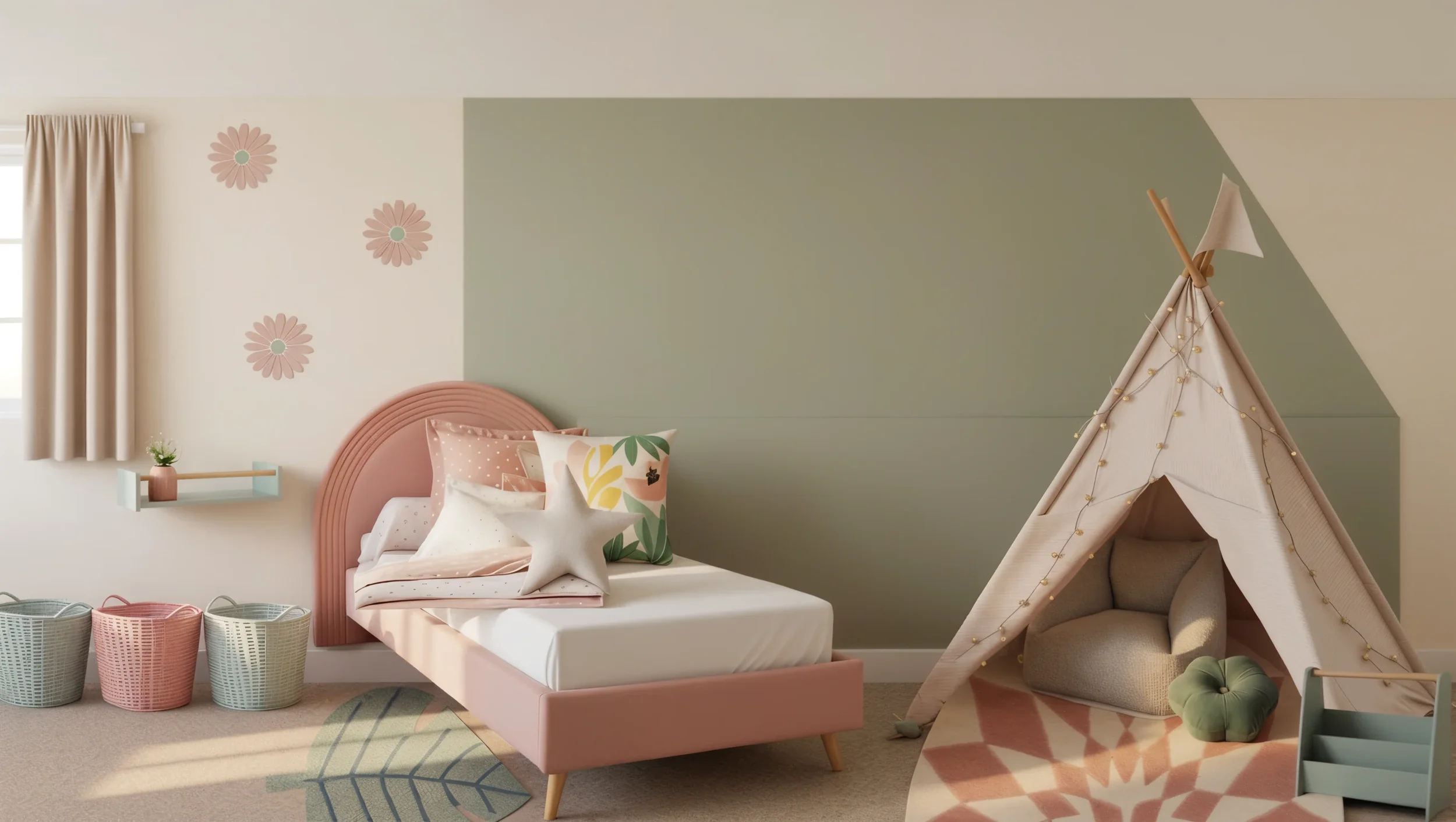 A pastel pink bed with a rounded headboard, decorated with various pillows including a star-shaped one, in a children's room with a green and white wall, a teepee tent with string lights, a small cozy chair, and woven baskets on the floor.