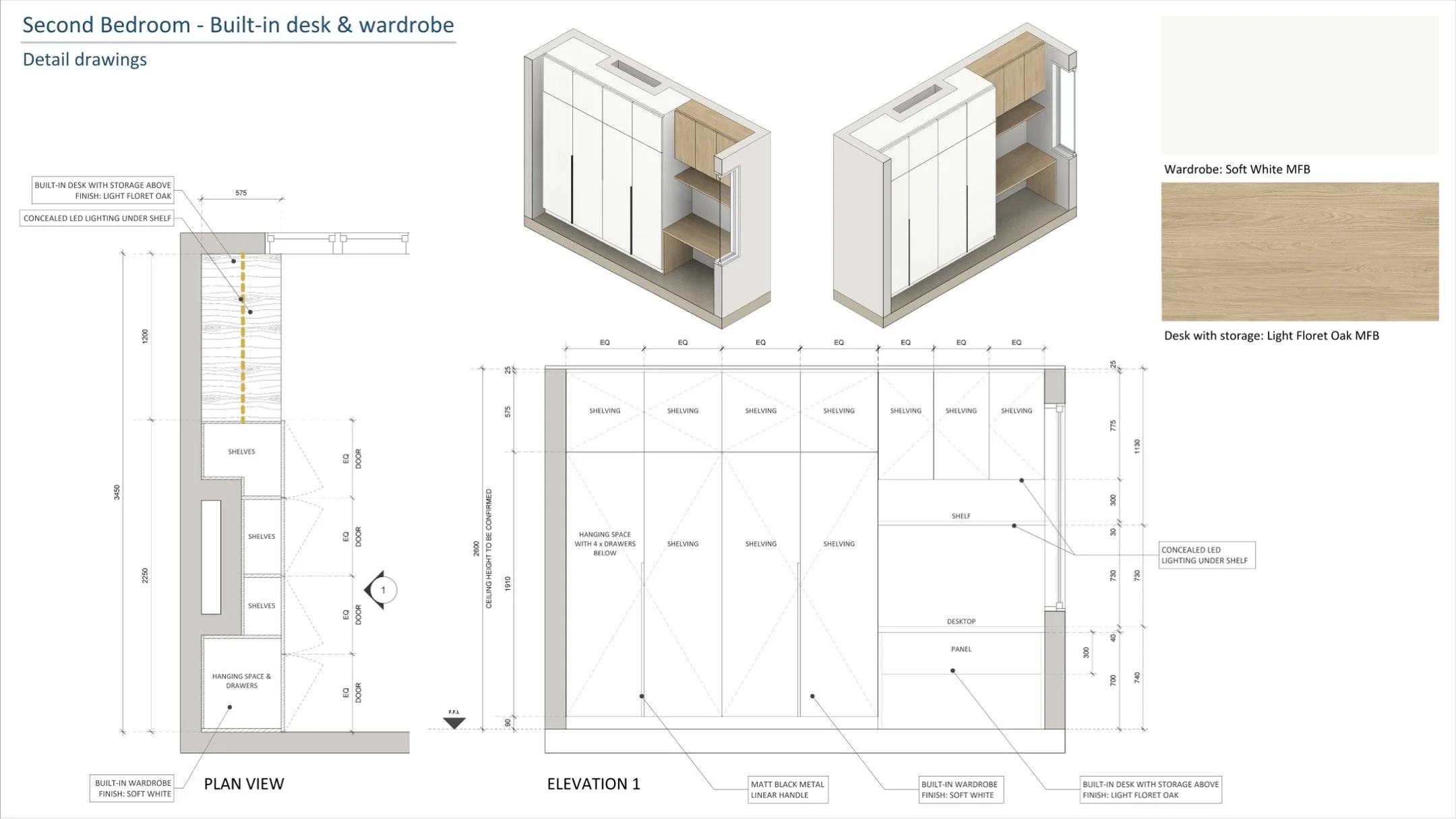 Architectural blueprint and 3D renderings of a second bedroom featuring a built-in desk, wardrobe, and shelving with light floret oak finish, including detailed measurements and design specifications.