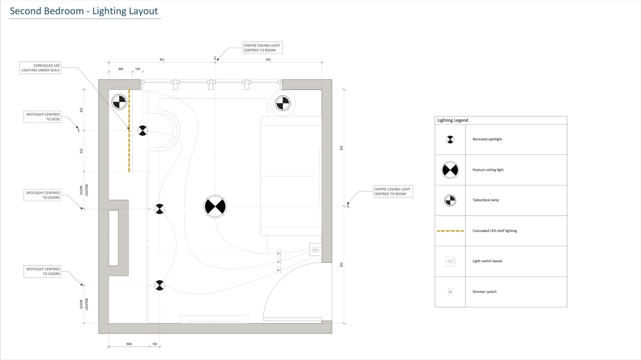 A detailed lighting layout plan for a second bedroom, showing ceiling lights, LED lighting, and switches marked with symbols and labels.