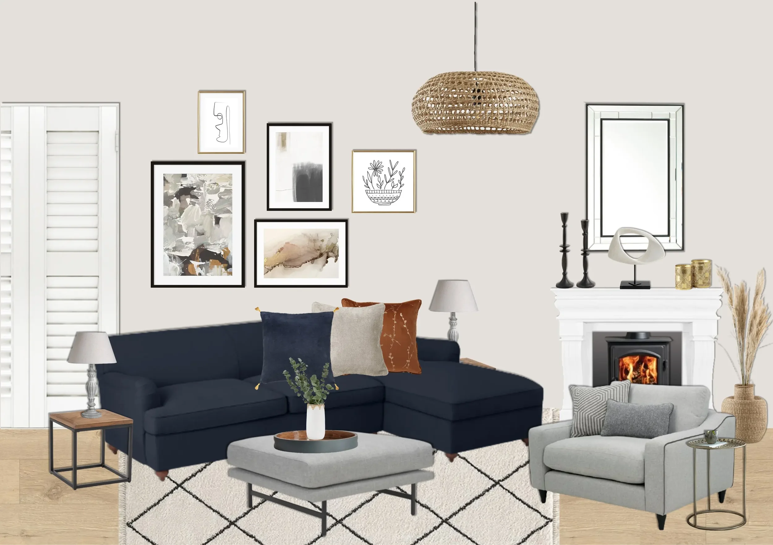 Living room with a navy sectional sofa with five pillows, a light gray armchair with two pillows, a white ottoman with a round tray and plant, a small side table with a lamp, a fireplace with décor on mantel, a wall mirror, framed artwork, a woven pendant light, and natural-colored accents.