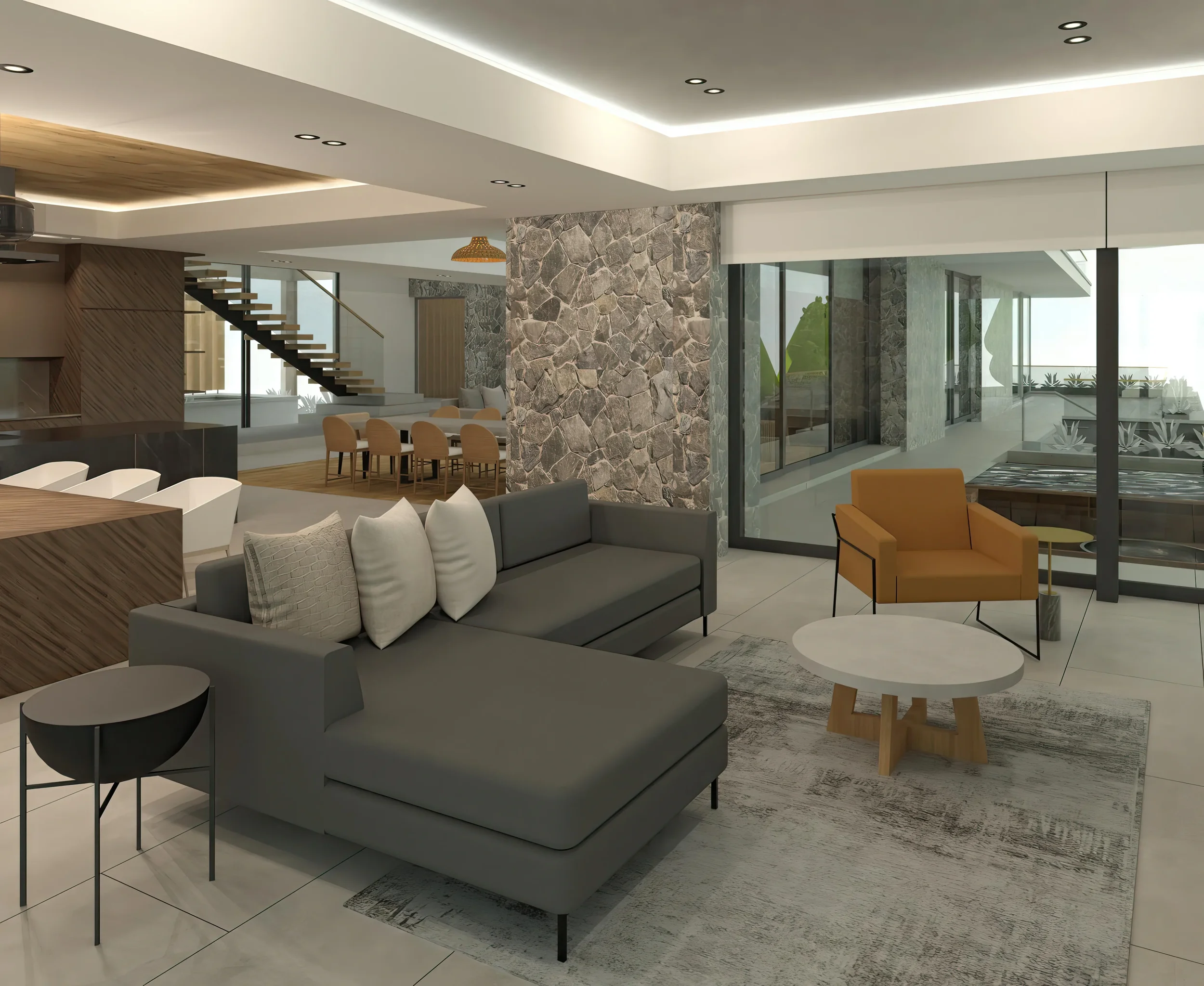 Modern open-concept living room with gray sectional sofa, orange armchair, white marble coffee table, and decorative pillows, with large glass sliding doors leading to a balcony or outdoor space.