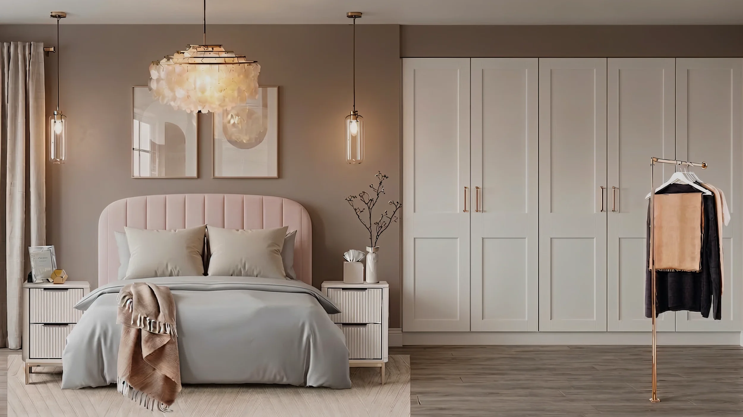 A modern bedroom with a pink upholstered bed, white bedding, and neutral-toned decor. There are two framed pictures above the bed, two pendant lights hanging on either side, a bedside table with decorative items, and a large white closet on the right. A clothing rack with hanging clothes is also visible.