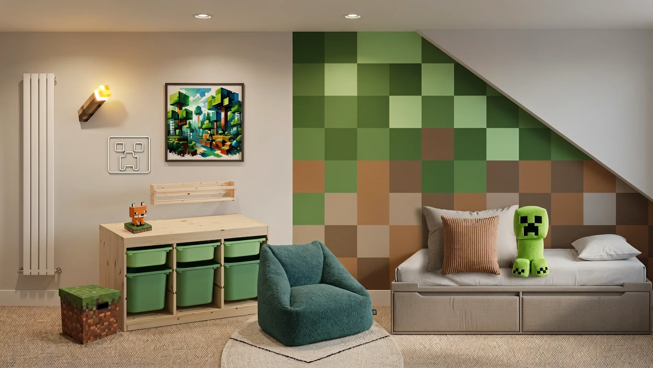 A bedroom with pixel art and Minecraft-themed decor. Features a bed with a Minecraft Creeper plush, a green armchair, and a storage cube with pixel grass design. The wall has pixelated green and brown blocks, and there is artwork and a figure of a fox on a shelf.