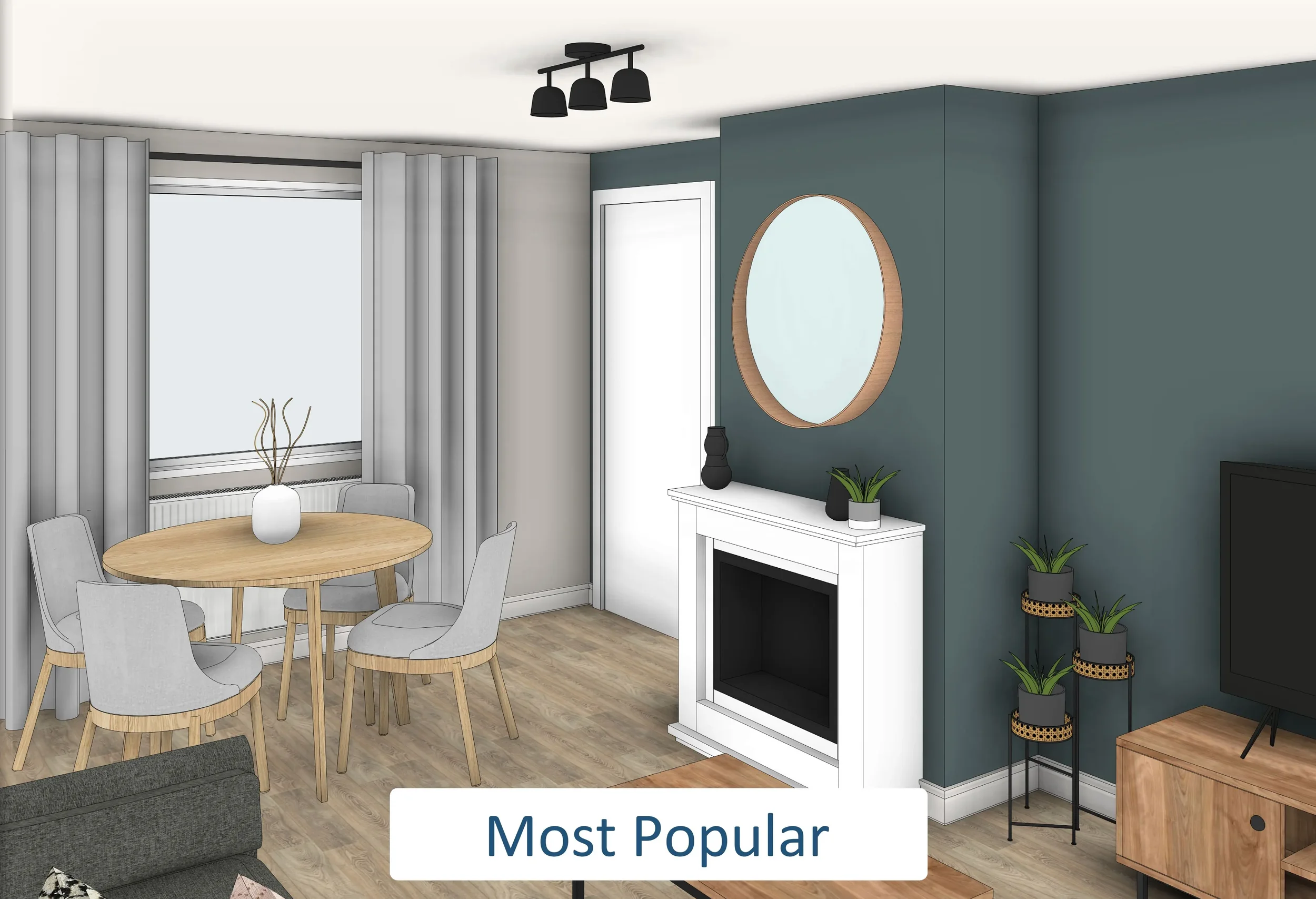 Living room with a round wooden dining table, four gray upholstered chairs, a white side table with plants, a round mirror on the teal wall, a black vase, and a TV on a wooden stand. The room has wood flooring, large window with curtains, and a modern ceiling light fixture. A partial view of a gray sofa is visible in the foreground.