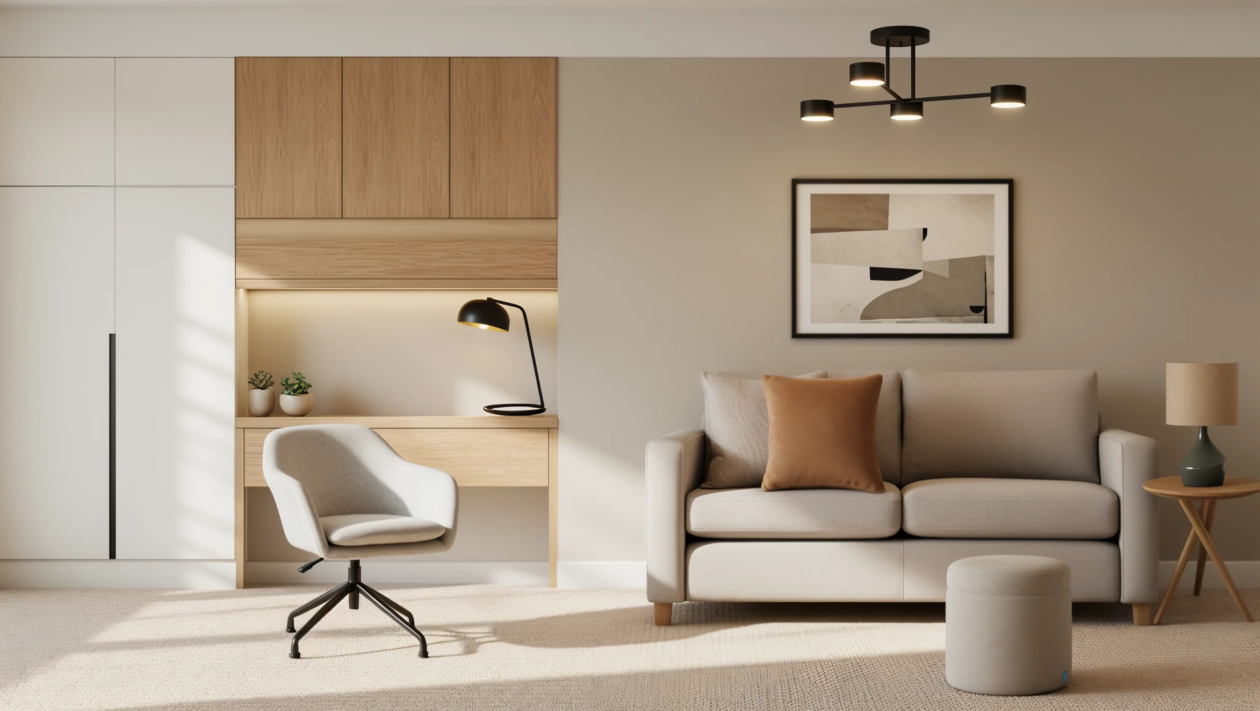 Modern living room with white sofa that has beige and brown cushions, a round wooden side table with a green lamp, abstract wall art, a white armchair, a black desk lamp, and wooden cabinets with decorative plants.