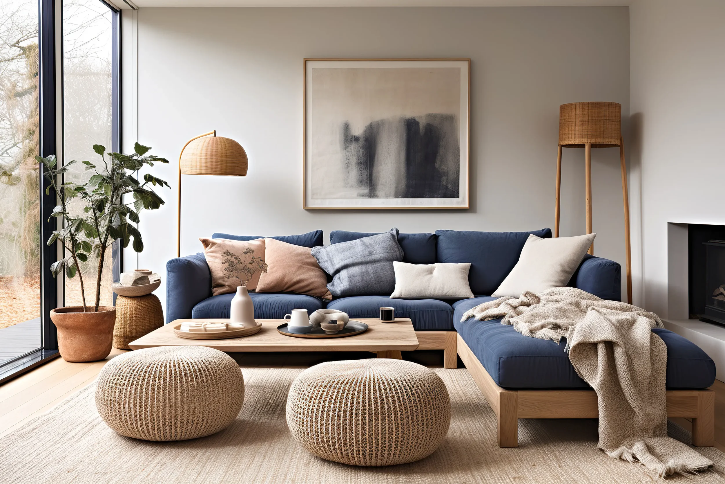 Living room with a large blue sectional sofa, throw pillows, a wooden coffee table with decorative items, round knitted ottomans, a large potted plant, floor lamp, abstract art on the wall, and a fireplace.