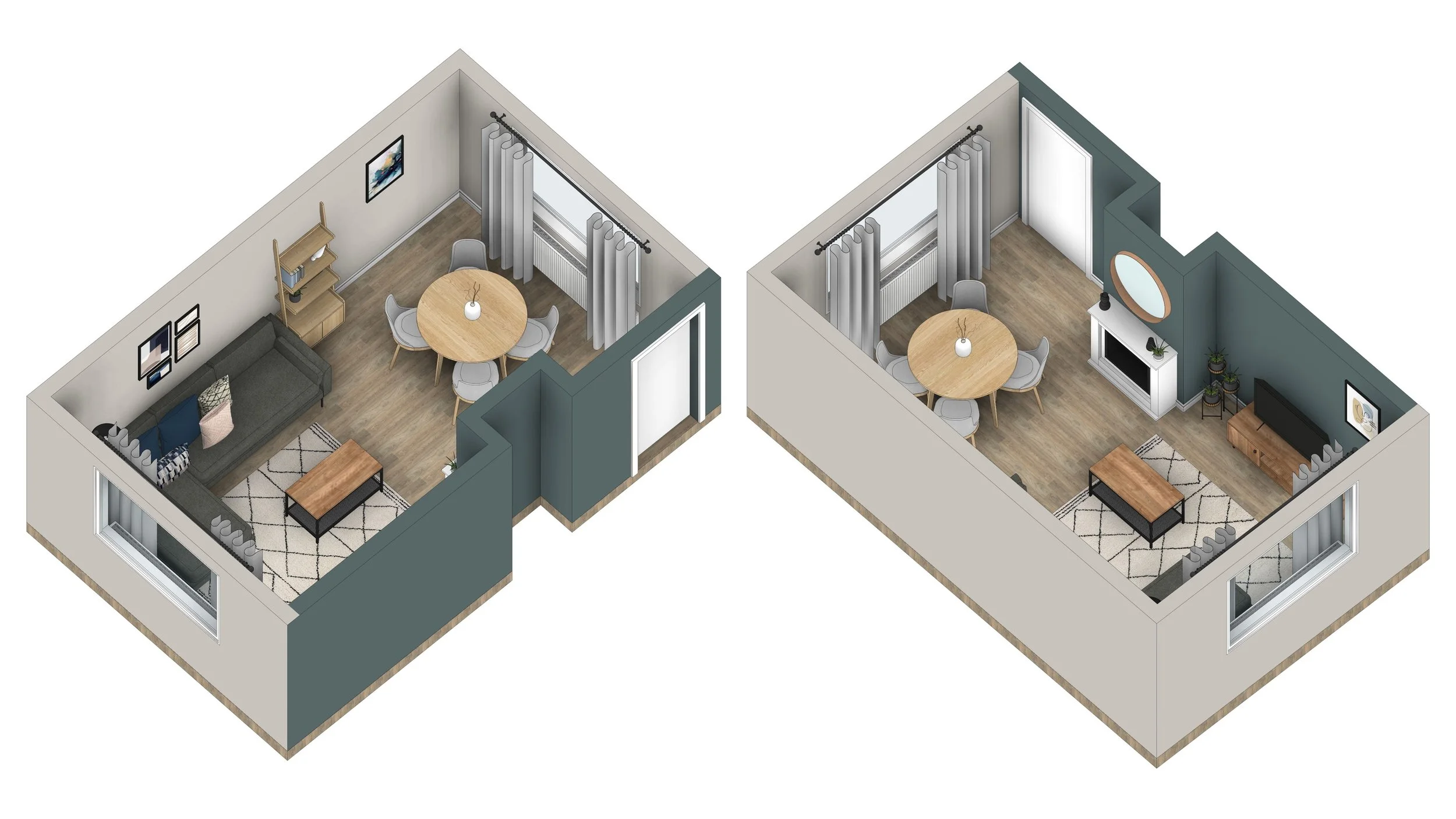 Two 3D interior layouts of a living room with a dining area, one with a gray and beige color scheme and the other with a blue and beige color scheme, showing furniture and decor.