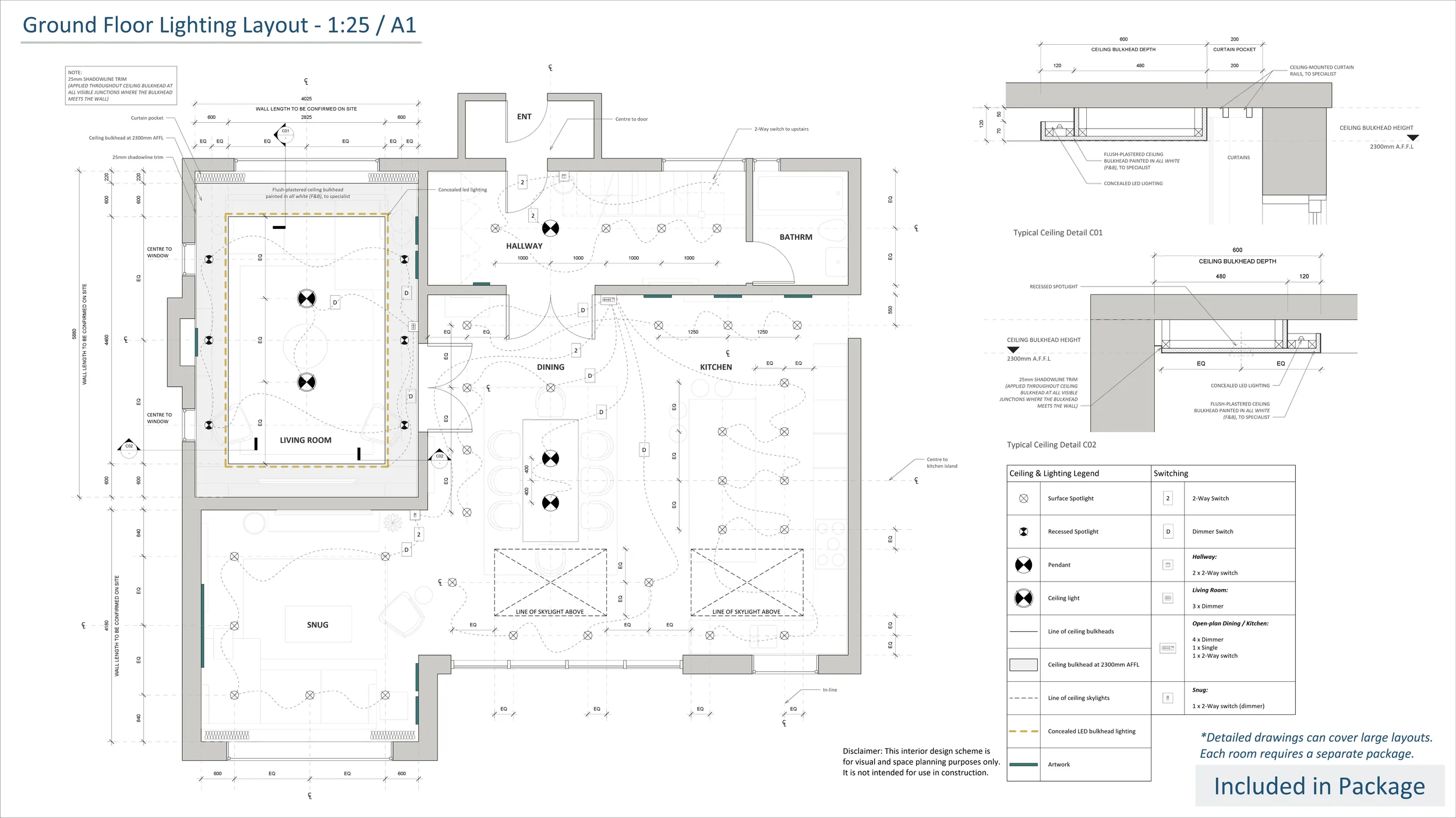 Architectural floor plan for the ground floor lighting layout. Includes the living room, kitchen, dining area, hallway, bathroom, and snog with detailed ceiling and lighting specifications and legend.