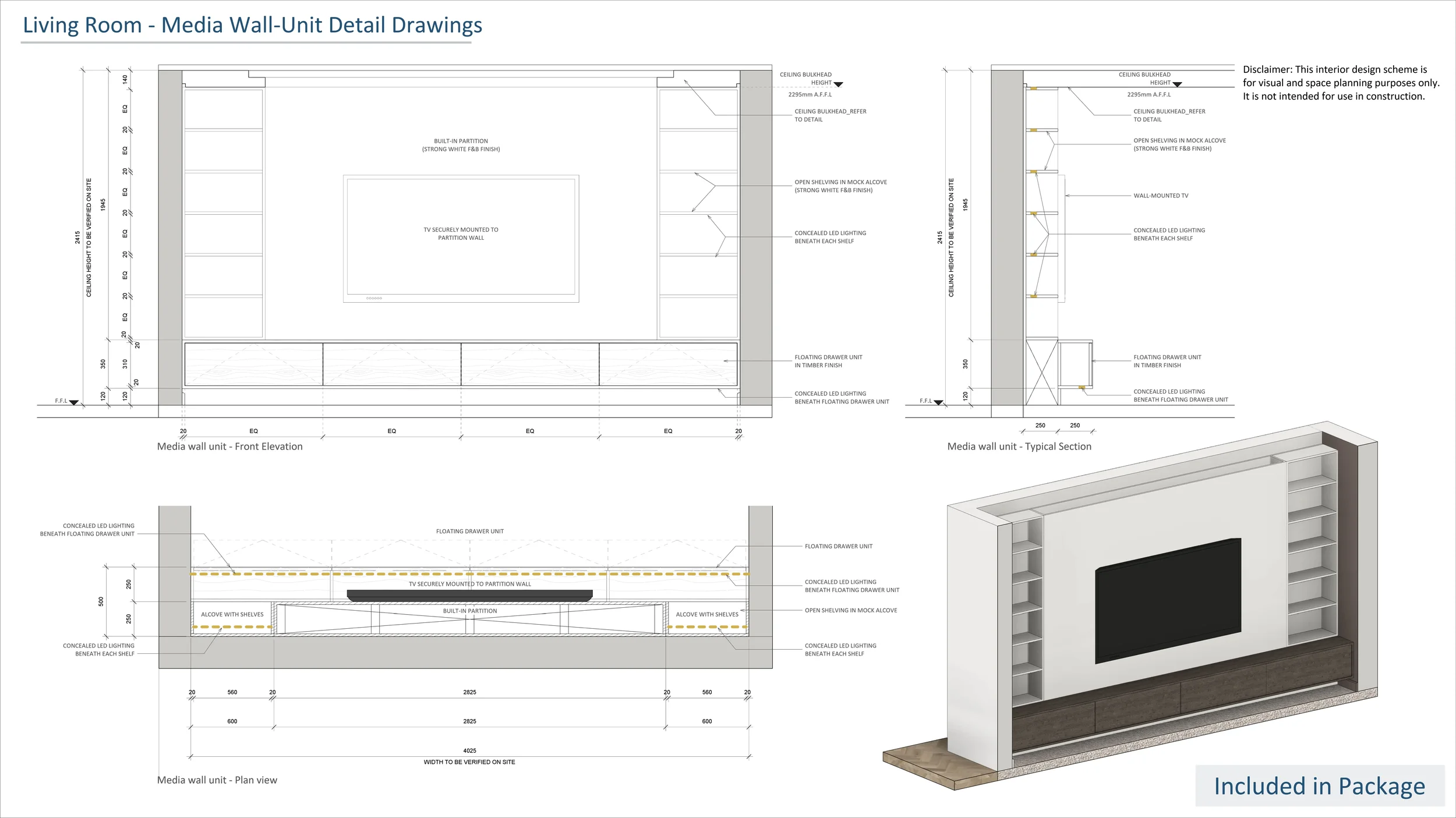 Detailed architectural drawings of a media wall unit for a living room, including front elevation, typical section, plan view, and a 3D perspective. The designs feature a built-in partition, TV mount, open shelves, concealed LED lighting, floating drawer units, and materials such as timber finish and white F&B finish.
