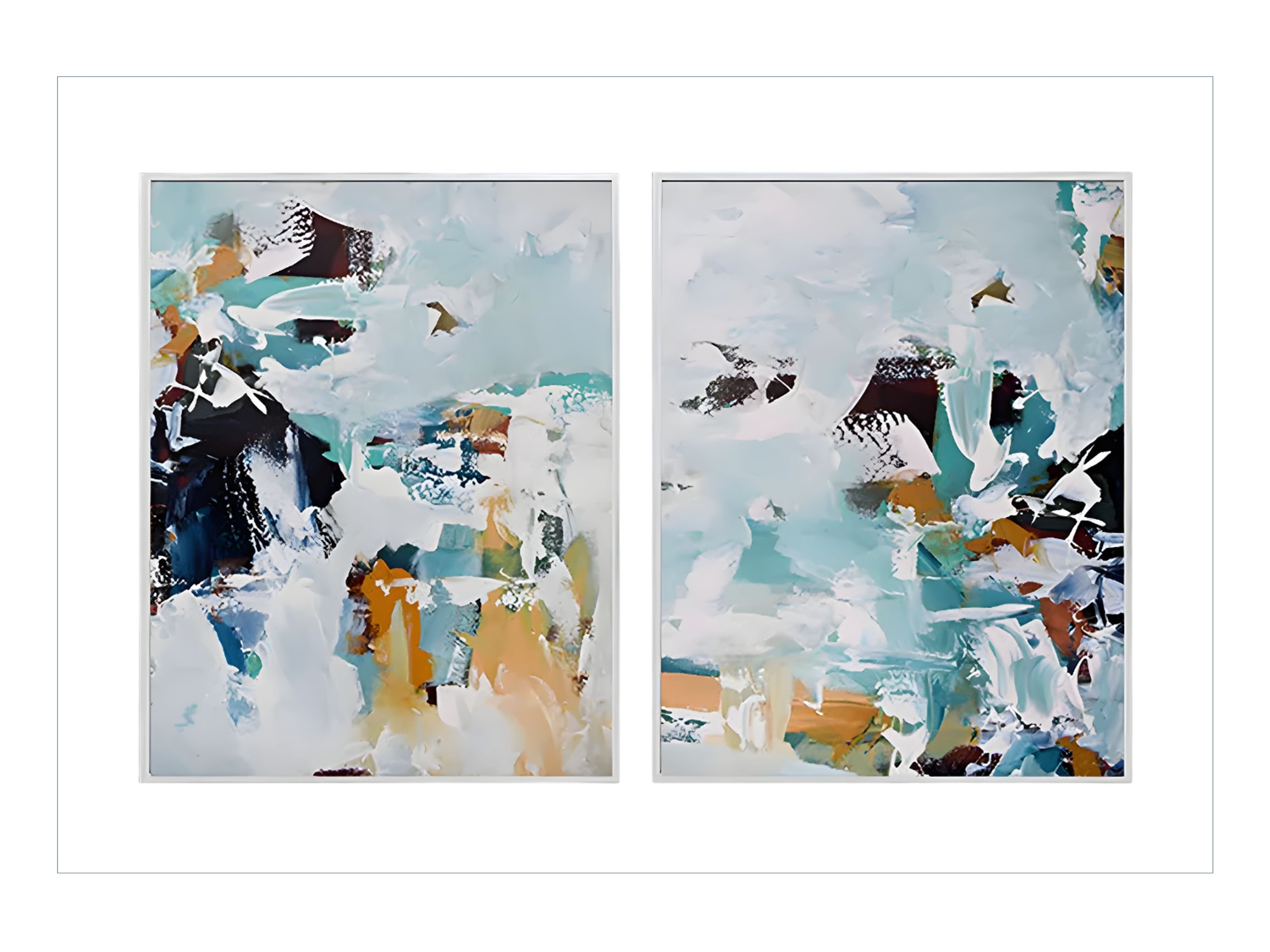 Two abstract paintings with a mix of pastel and darker colors in white, light blue, black, brown, and beige, framed side by side on a white background.