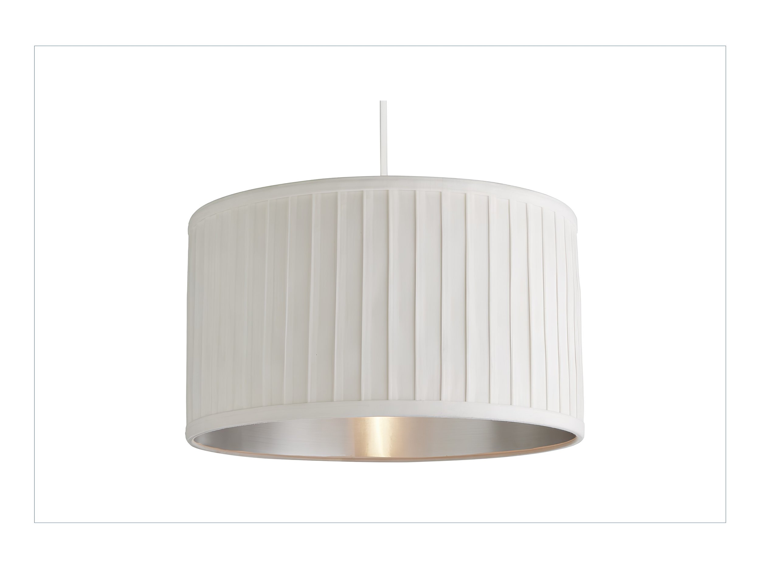 A white, cylindrical pendant lampshade with vertical ridges, hanging from a ceiling.