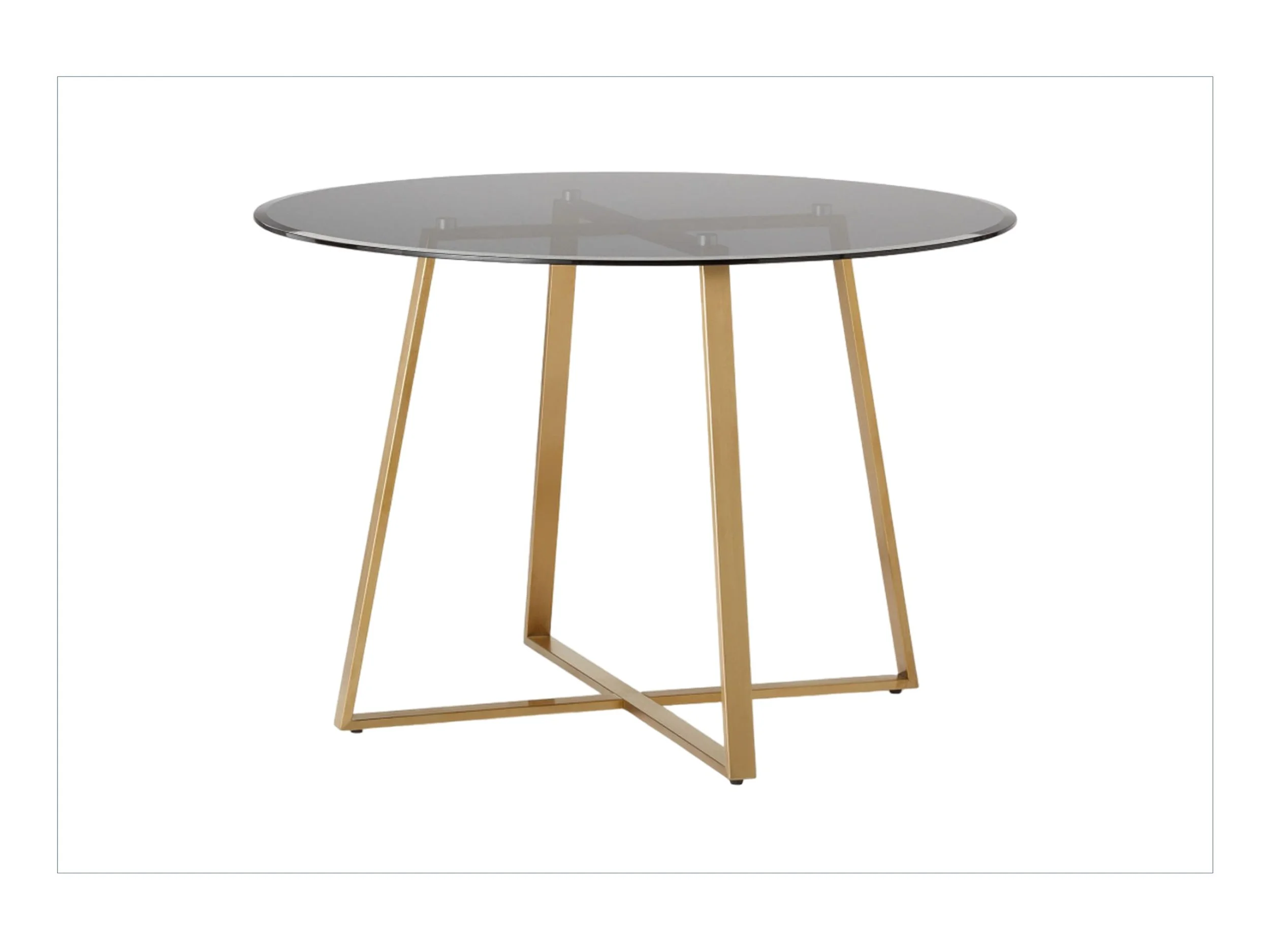 A modern round glass-top table with a gold metal frame and open rectangular base.