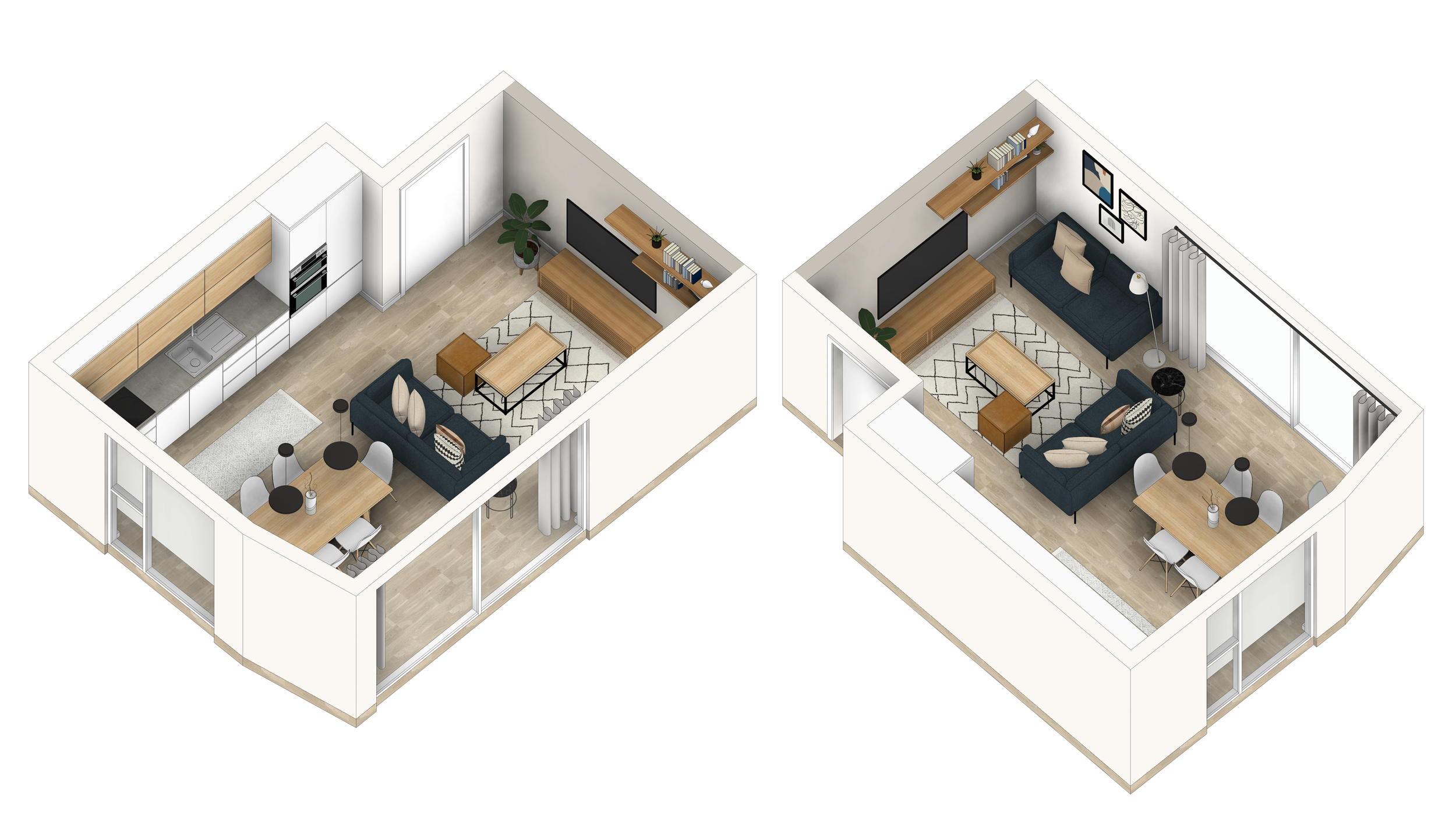 Two separate interior design apartment layouts, each with a TV, couch, coffee table, dining area, and kitchen, connected by sliding glass doors.