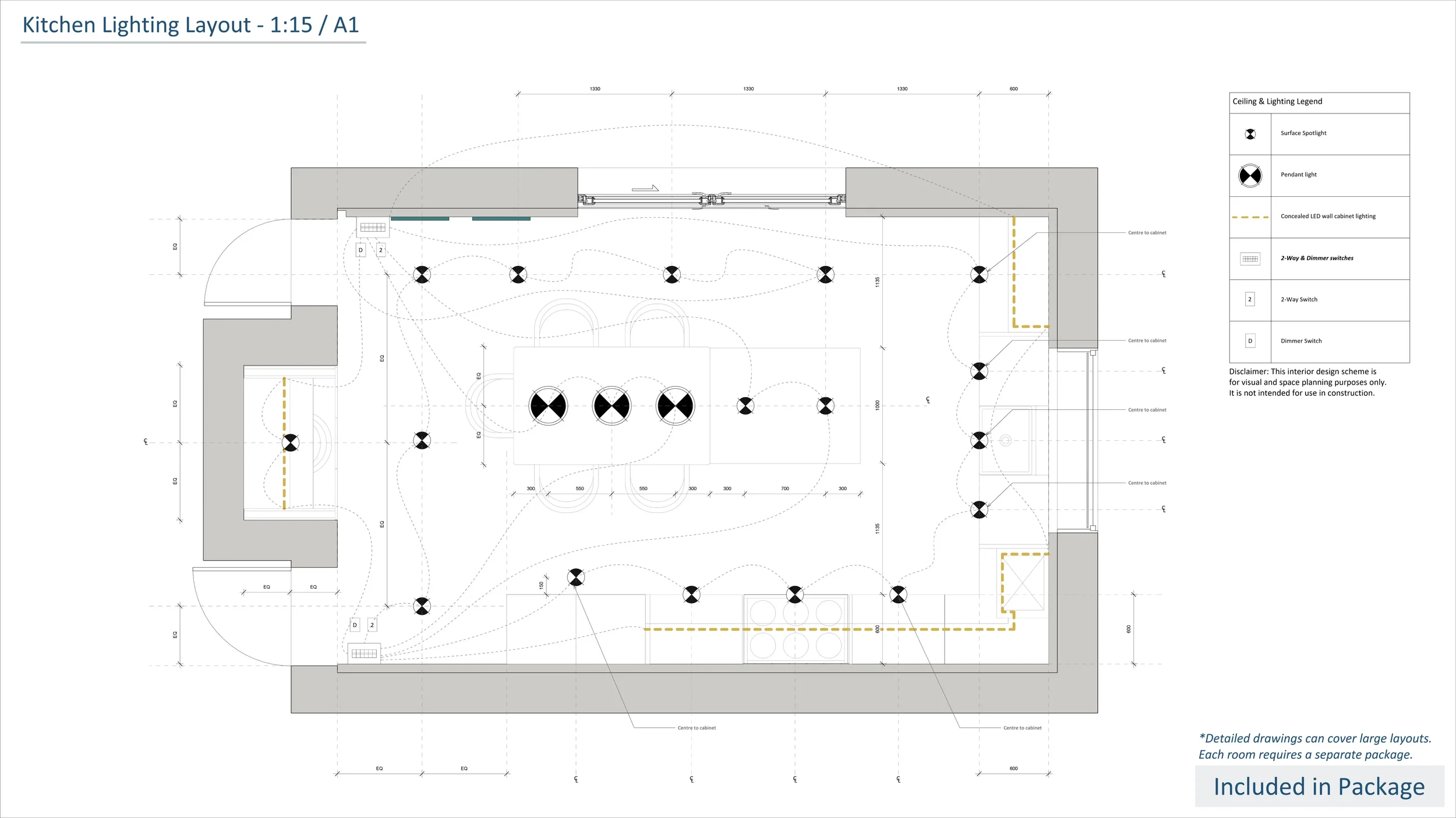 Floor plan of a kitchen lighting layout showing ceiling lights, switches, and wiring, with legend explaining symbols for surface spotlights, pendant lights, LED wall cabinet lighting, switches, and their locations.