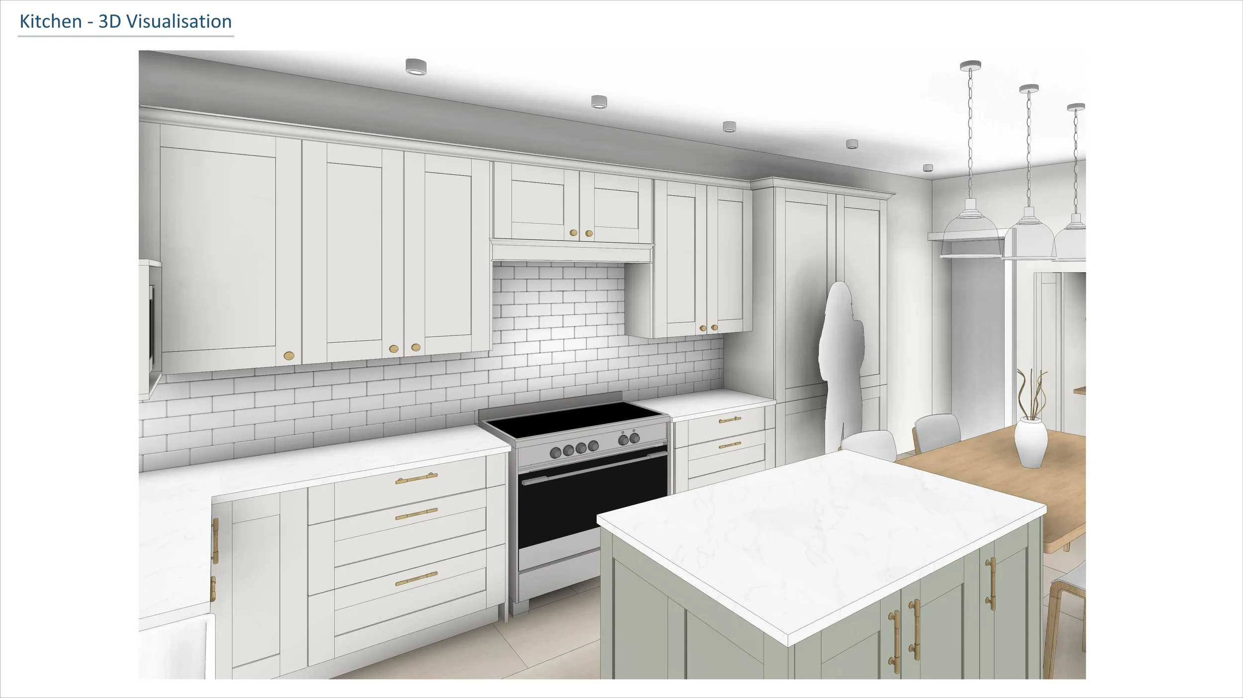 3D visualization of a modern kitchen with white cabinetry, white subway tile backsplash, a black stove, and a kitchen island with a marble top. There are three pendant lights hanging over a dining table with a vase and chairs.
