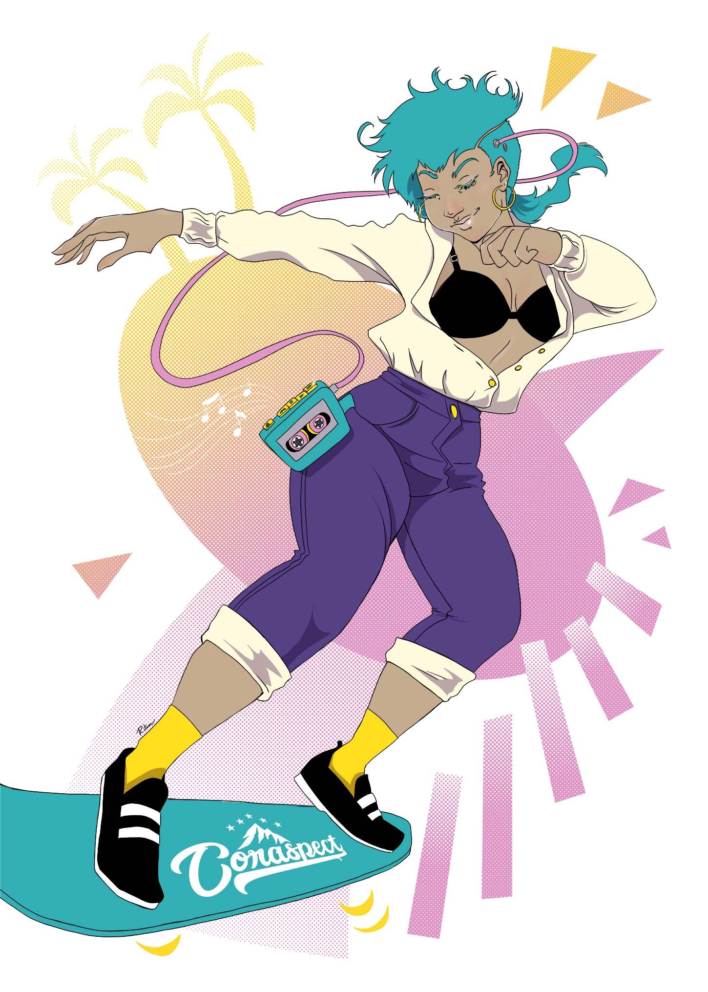 A woman with blue hair and earrings balancing on a skateboard with the word 'Coraspect' on it, set against a colorful background with palm trees and a pink geometric pattern.