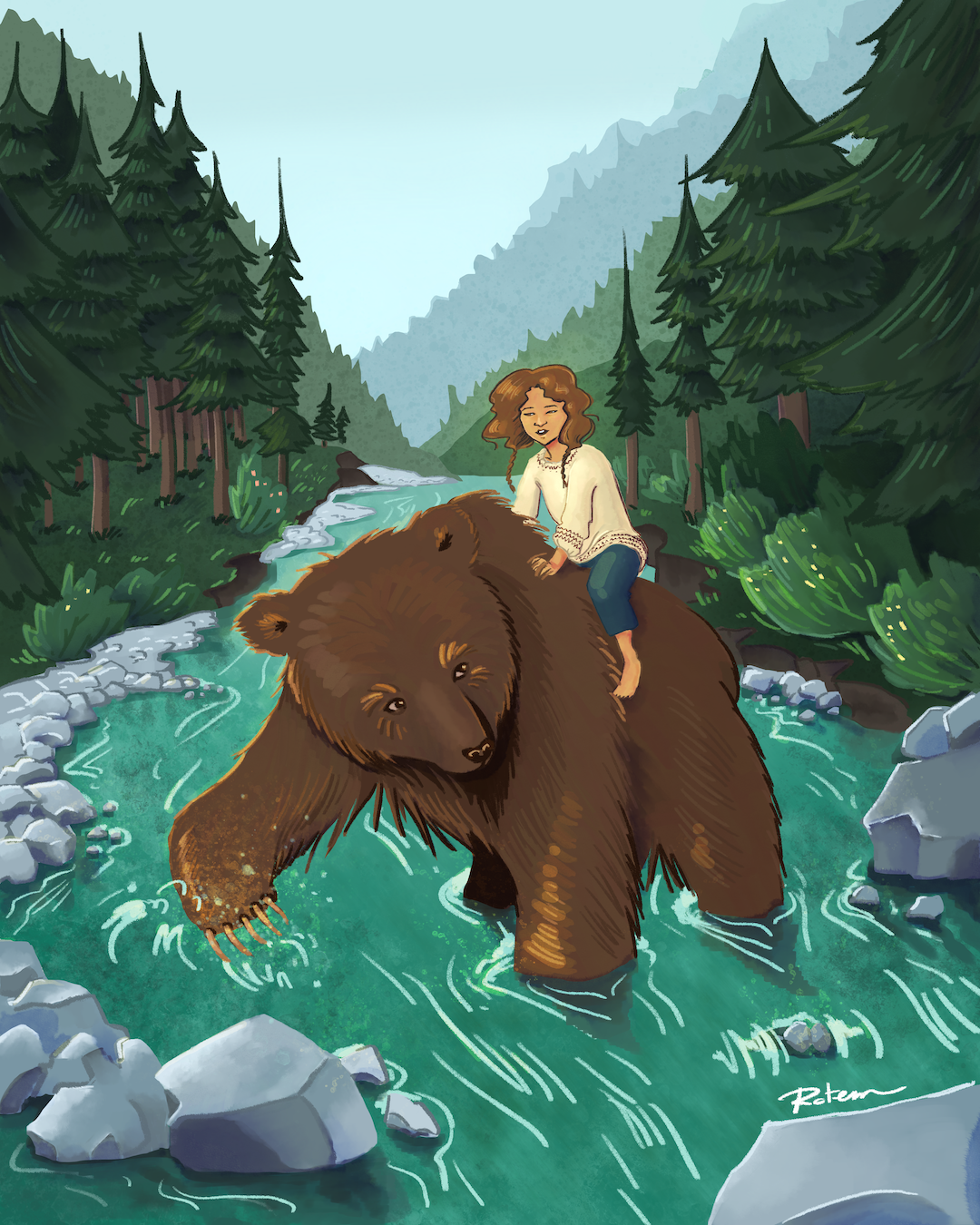 A girl sitting on a brown bear in a river surrounded by a dense forest with tall pine trees and mountains in the background.